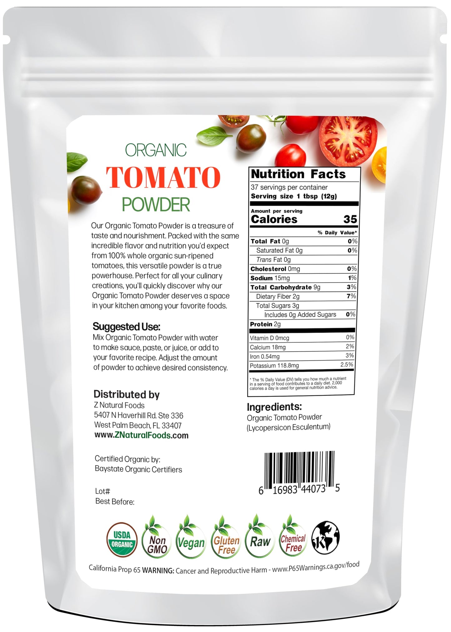 Z Natural Foods Organic Tomato Powder - Non-GMO, Vegan, Kosher - 1 lb