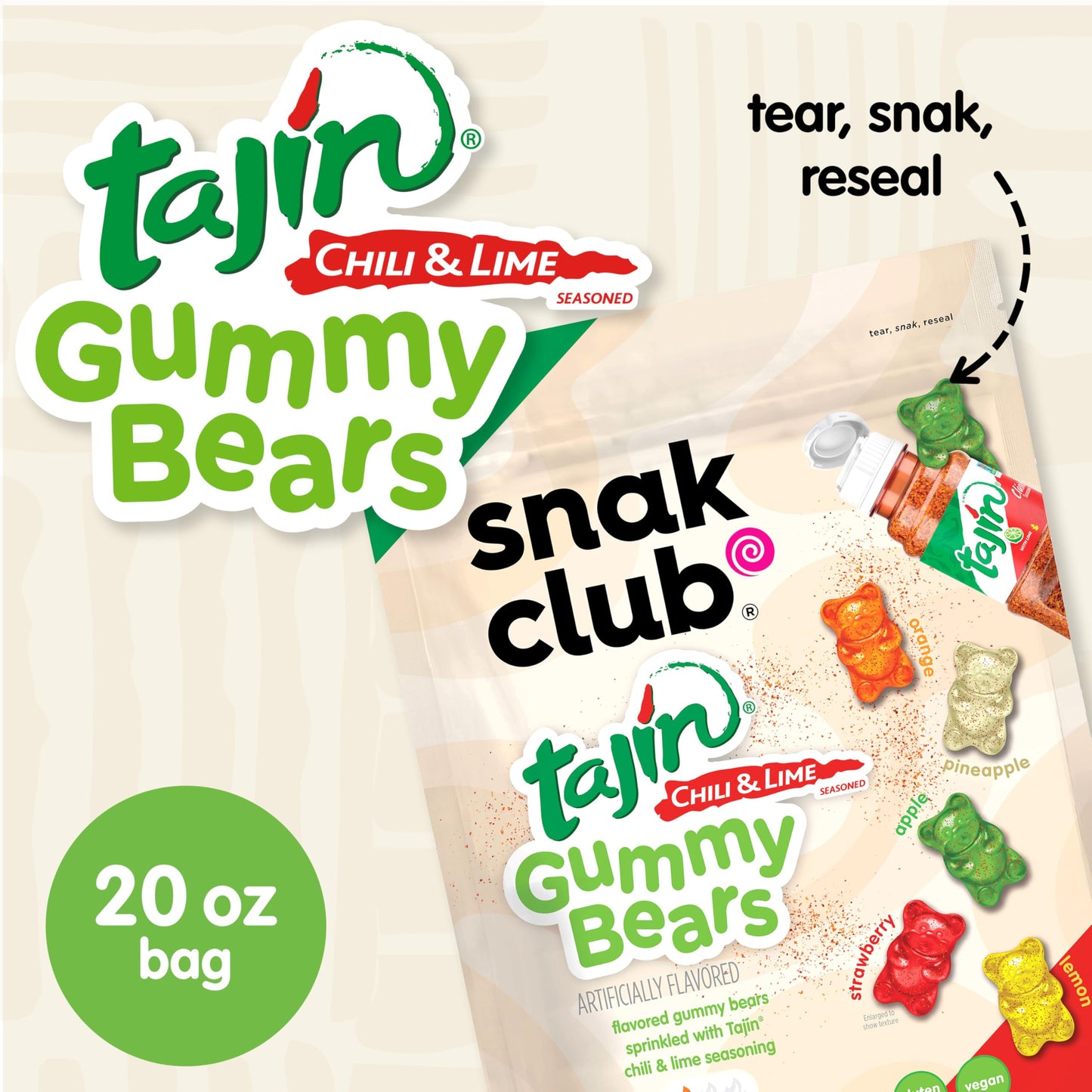 Snak Club Tajin Gummy Bears, Assorted Fruit Candy Gummies with Chili and Lime Seasoning, Mild, Gluten-Free and Vegan Snacks, 20