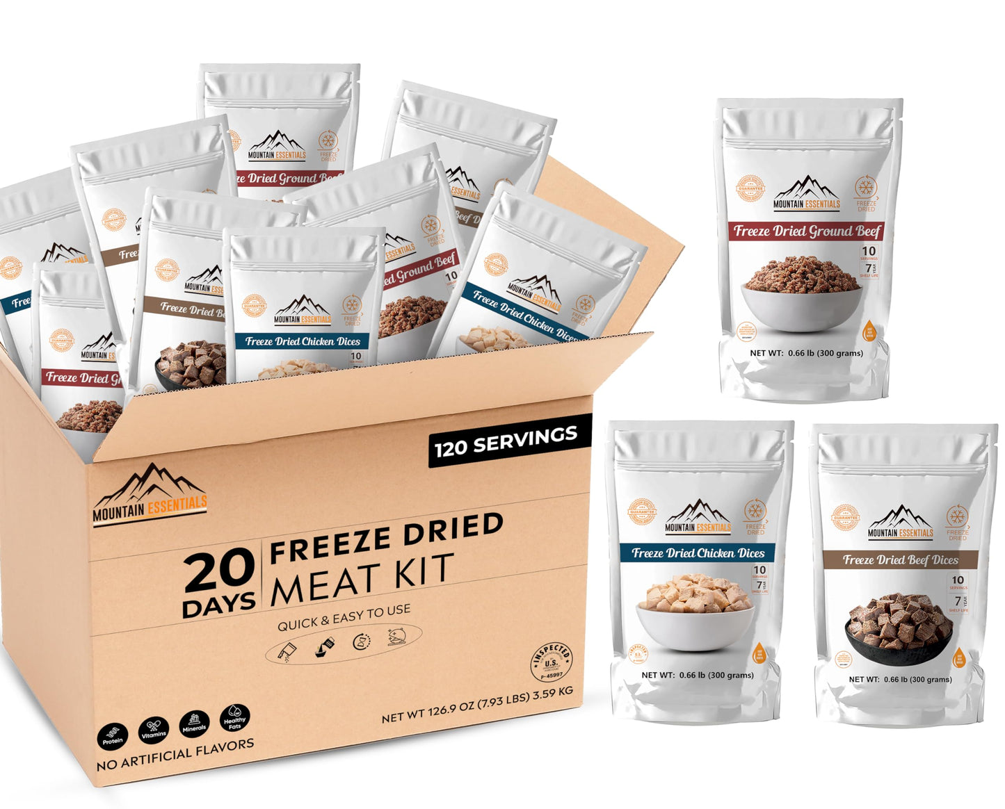 Mountain Essentials 120 Servings Freeze Dried Enhanced Variety Fully Cooked Meat Kit | High Protein Intake Contains 2988 Protein Ready To Eat Emergency Survival Easy Prep Food For Camping & Backpacking