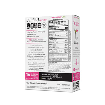 CELSIUS On-the-Go Powder Sticks Dragonfruit Lime, Essential Energy 2.8 Oz (14 Sticks per Pack)