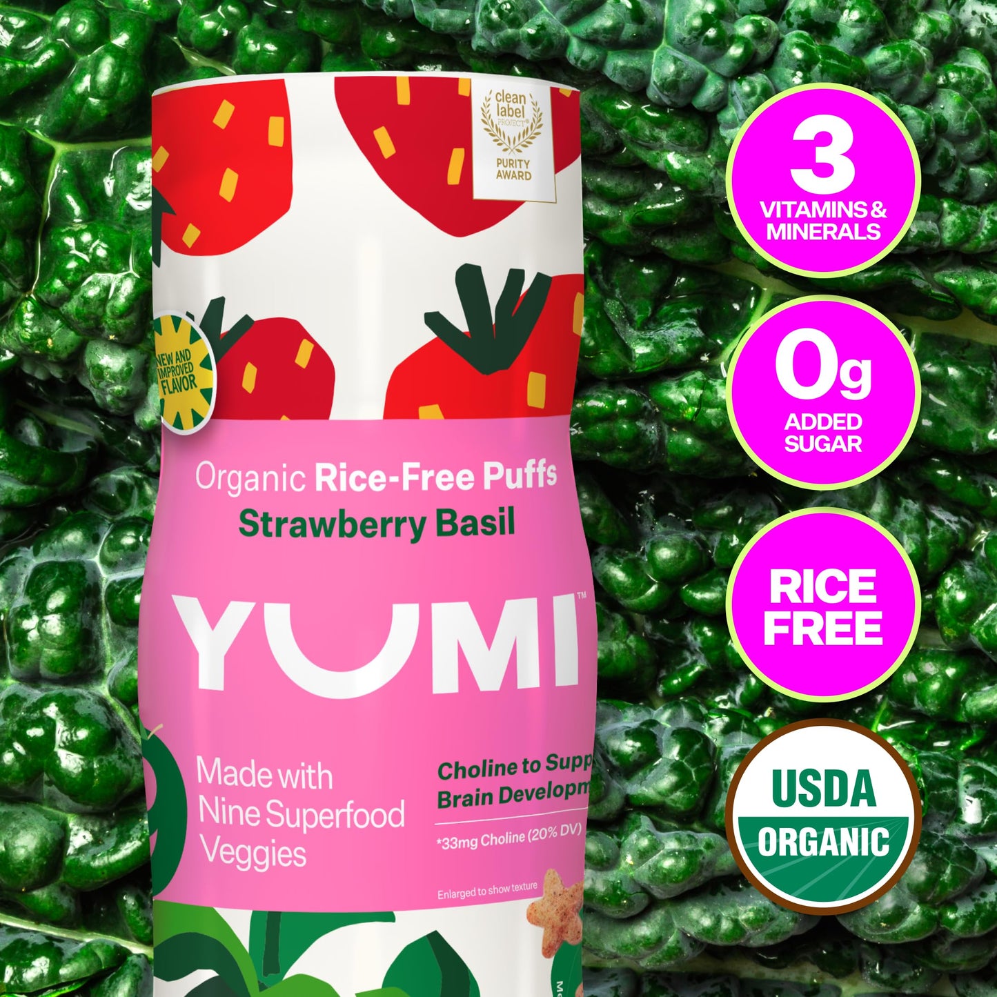 Yumi Rice-Free Baby Puffs - No Sugar Added, Gluten-Free, Non-Gmo Organic Baby Snacks Puffs, School Safe For Daycare And Lunchboxes - Alternative To Baby Teething Snacks, Strawberry Basil (6Ct.)