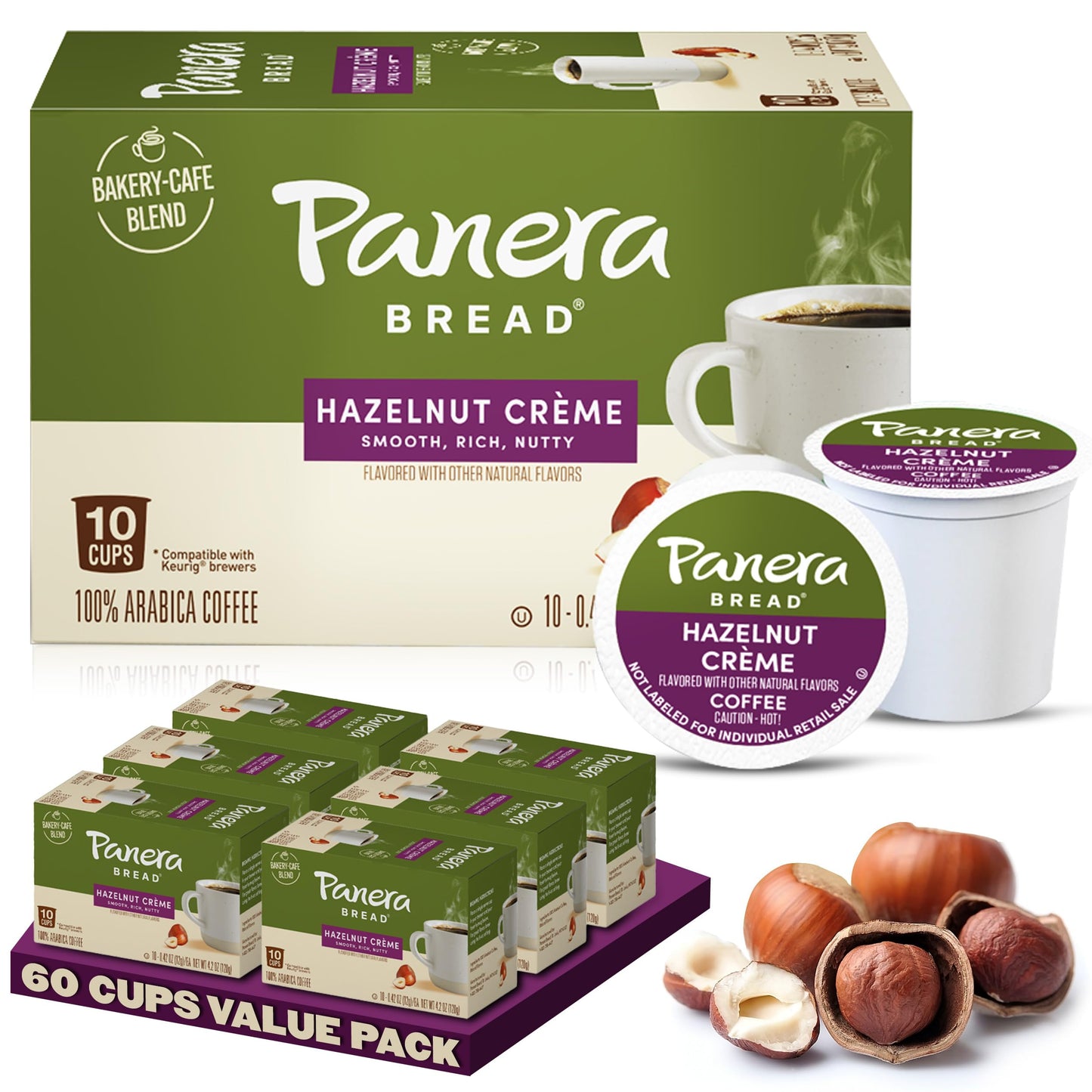 Panera Bread Hazelnut Crme Light Roast Coffee - Cafe-Quality Cup Pods  Smooth Buttery Flavor  100% Arabica  No Artificial Ingredients  60 Single Serve Pods (6 Packs of 10)