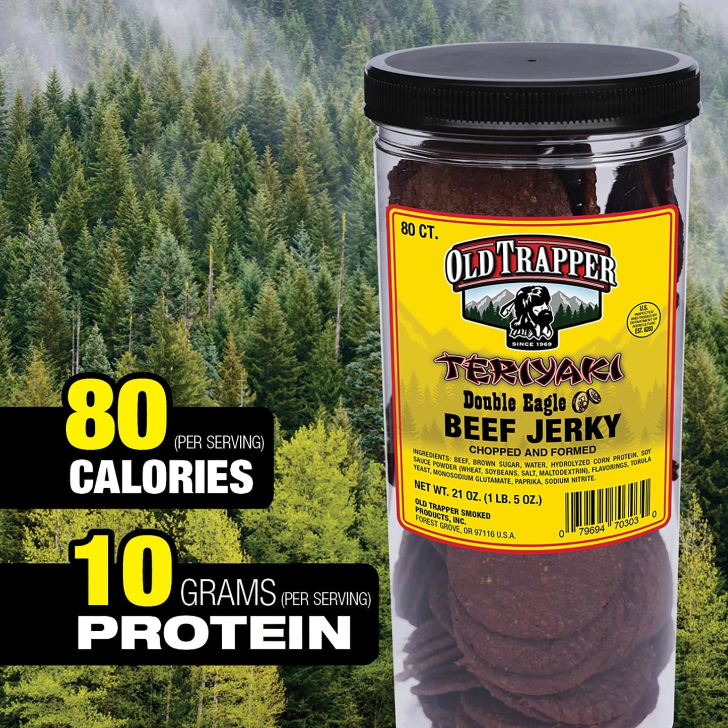 Old Trapper Beef Jerky, Teriyaki Flavor, 21oz Jar, 80 Pieces, 10g Protein, 80 Calories, Pack of 1