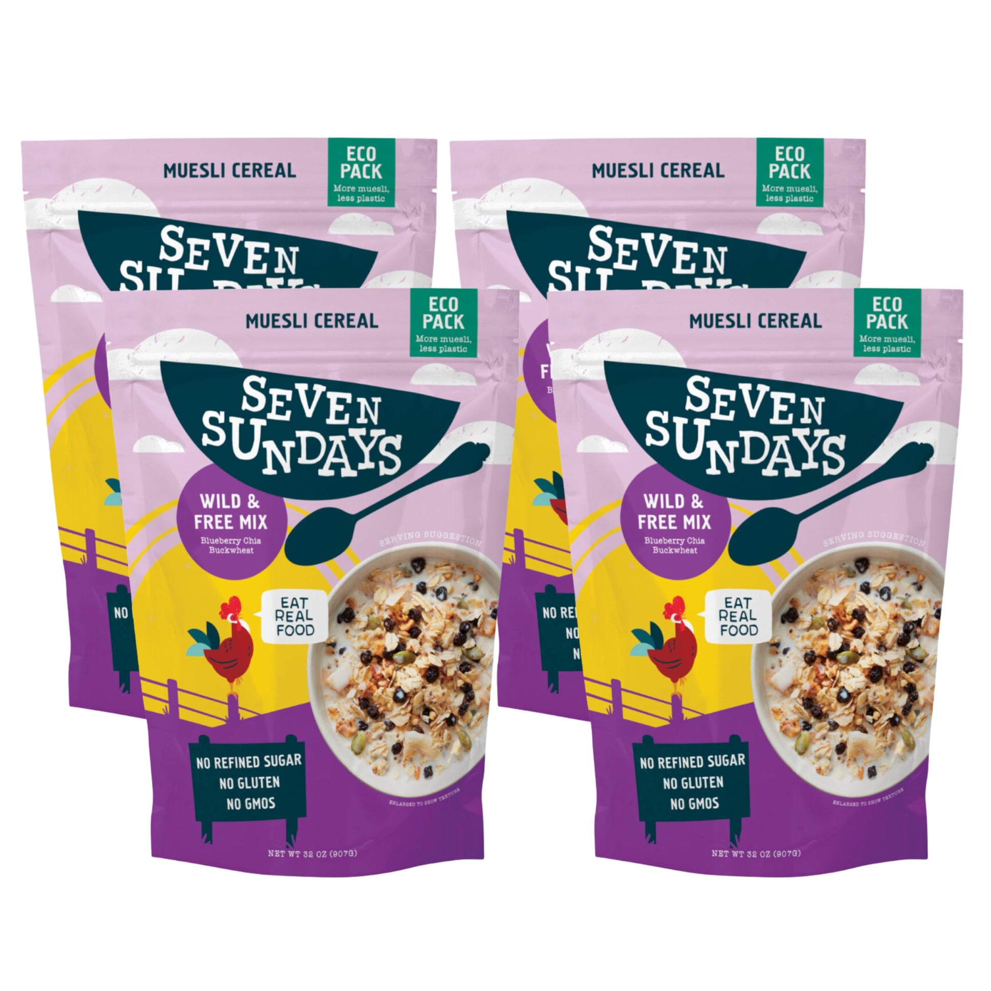 Seven Sundays Muesli Cereal, Wild and Free Blueberry Chia Buckwheat, 32 Oz Bag (Pack of 4), Gluten Free, 0g Refined Sugar, Enjoy