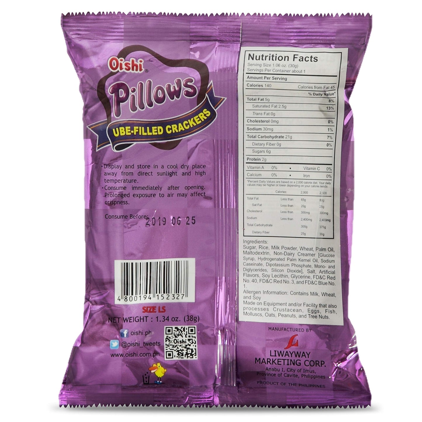 Oishi Pillows Ube Filled Crackers,1.34 Ounce Pack Of 10
