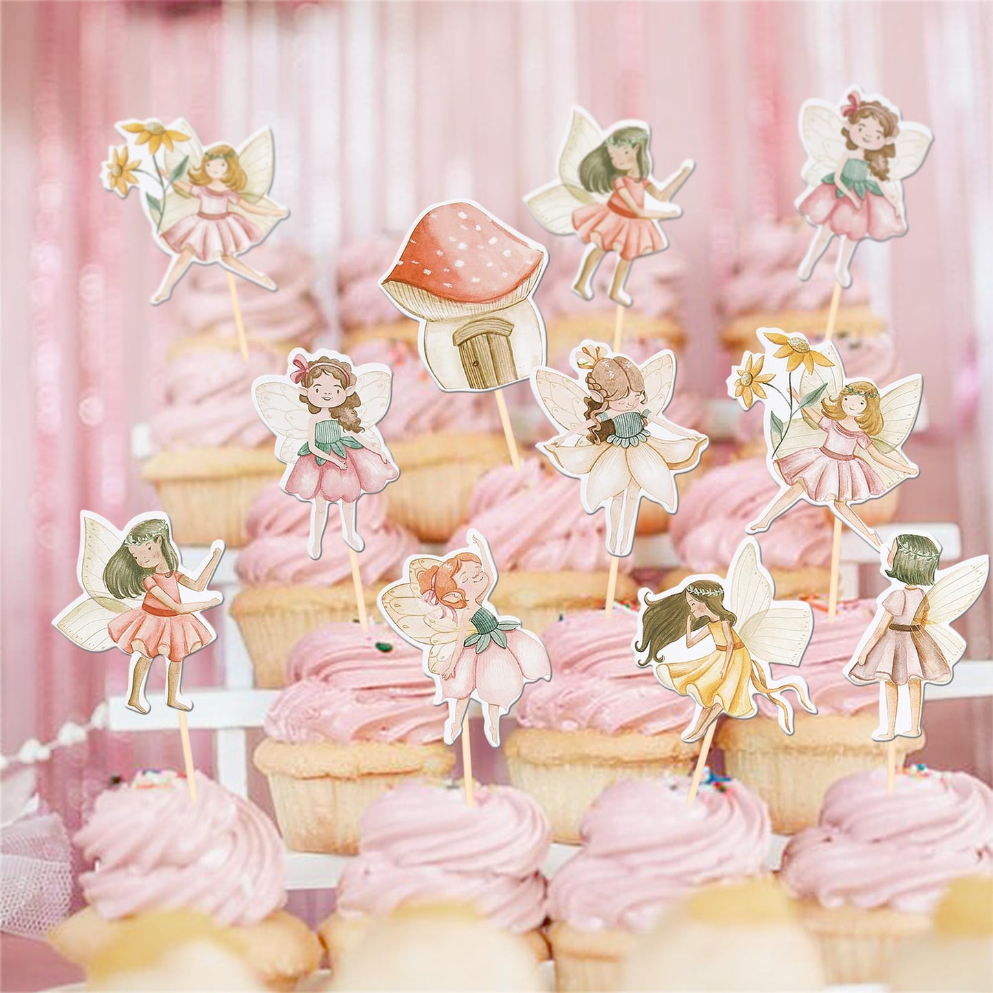 ZHUOWEISM Fairy Cupcake Toppers, 40 PCS Double-Sided Mushroom House & Angel Design, Paper, for Baby Showers & Birthday Parties