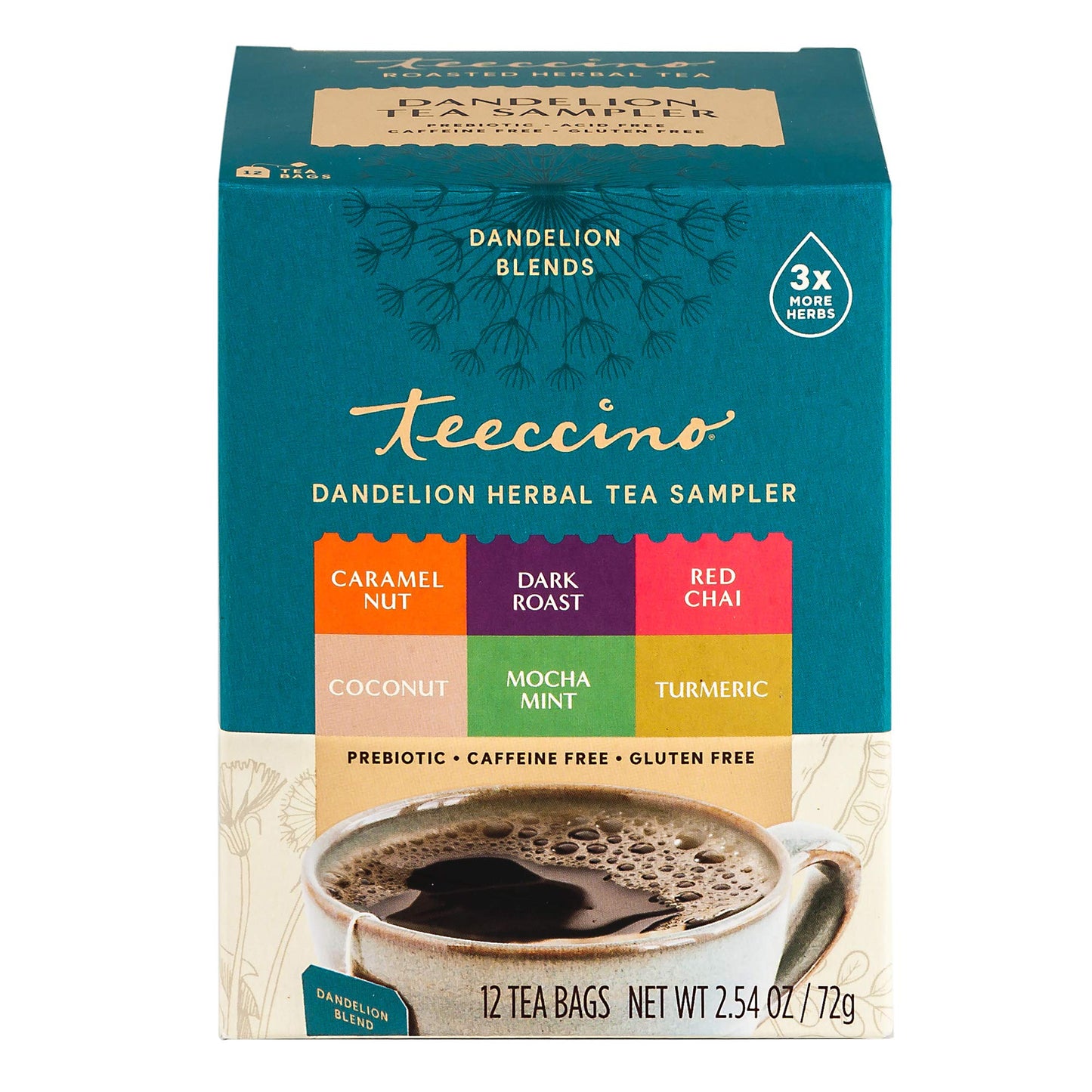 Teeccino Dandelion Tea Sampler - Caffeine Free Herbal Tea, 12 Count, Includes Caramel Nut, Coconut, Dark Roast, Mocha Mint, Red Chai, Turmeric