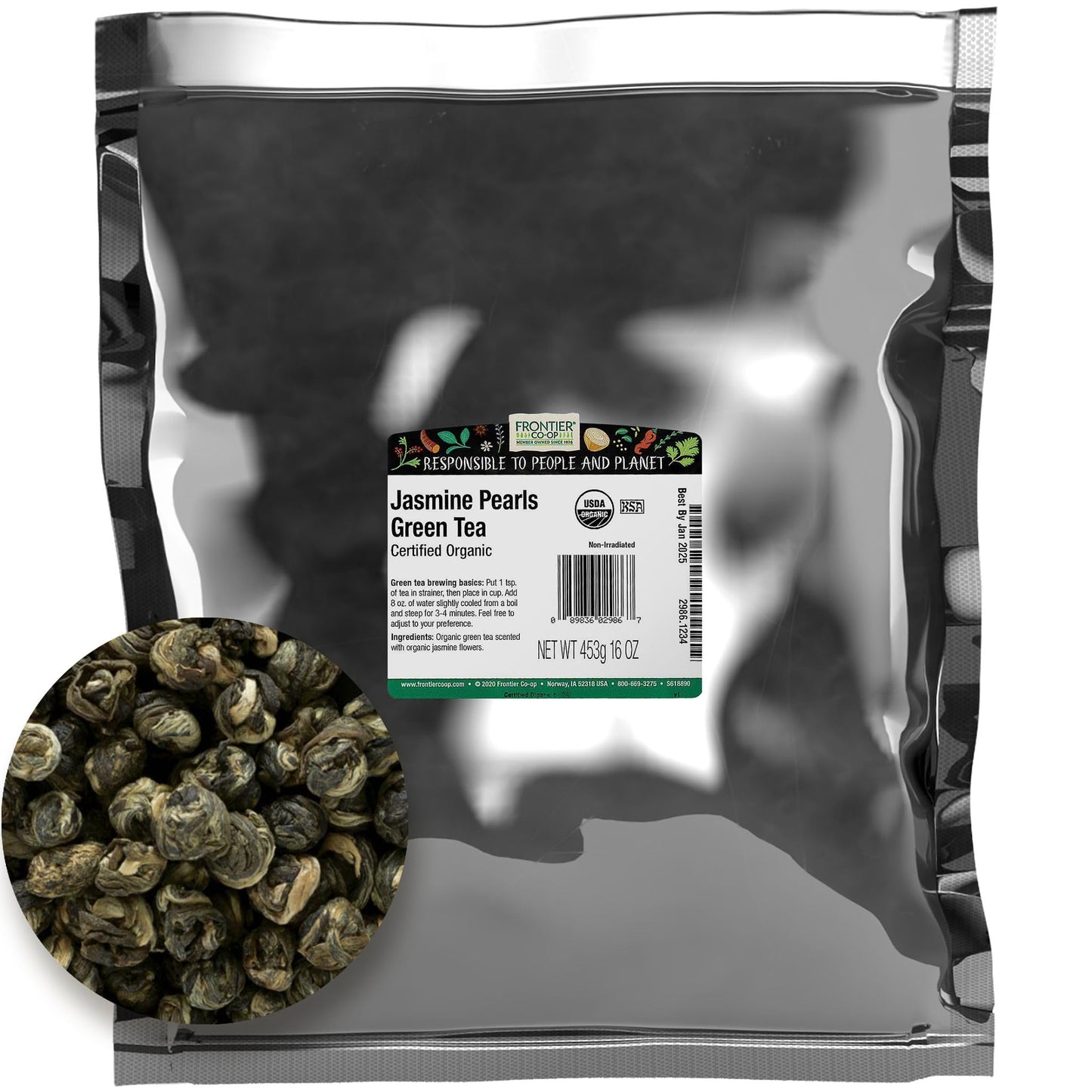 Frontier Co-op Jasmine Pearls Green Tea, Organic, 16 Ounce, Green