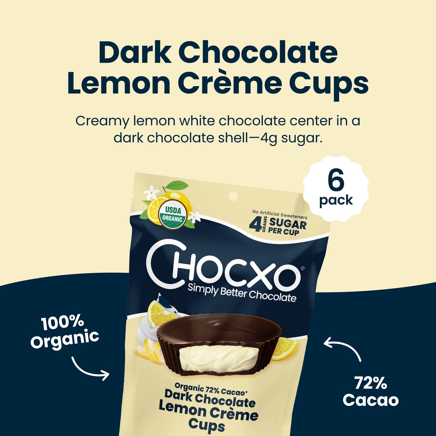 ChocXO Dark Chocolate Lemon Crème Cups - Lower Sugar, Organic, Keto, Gluten Free, 3.45 oz (Pack of 6)