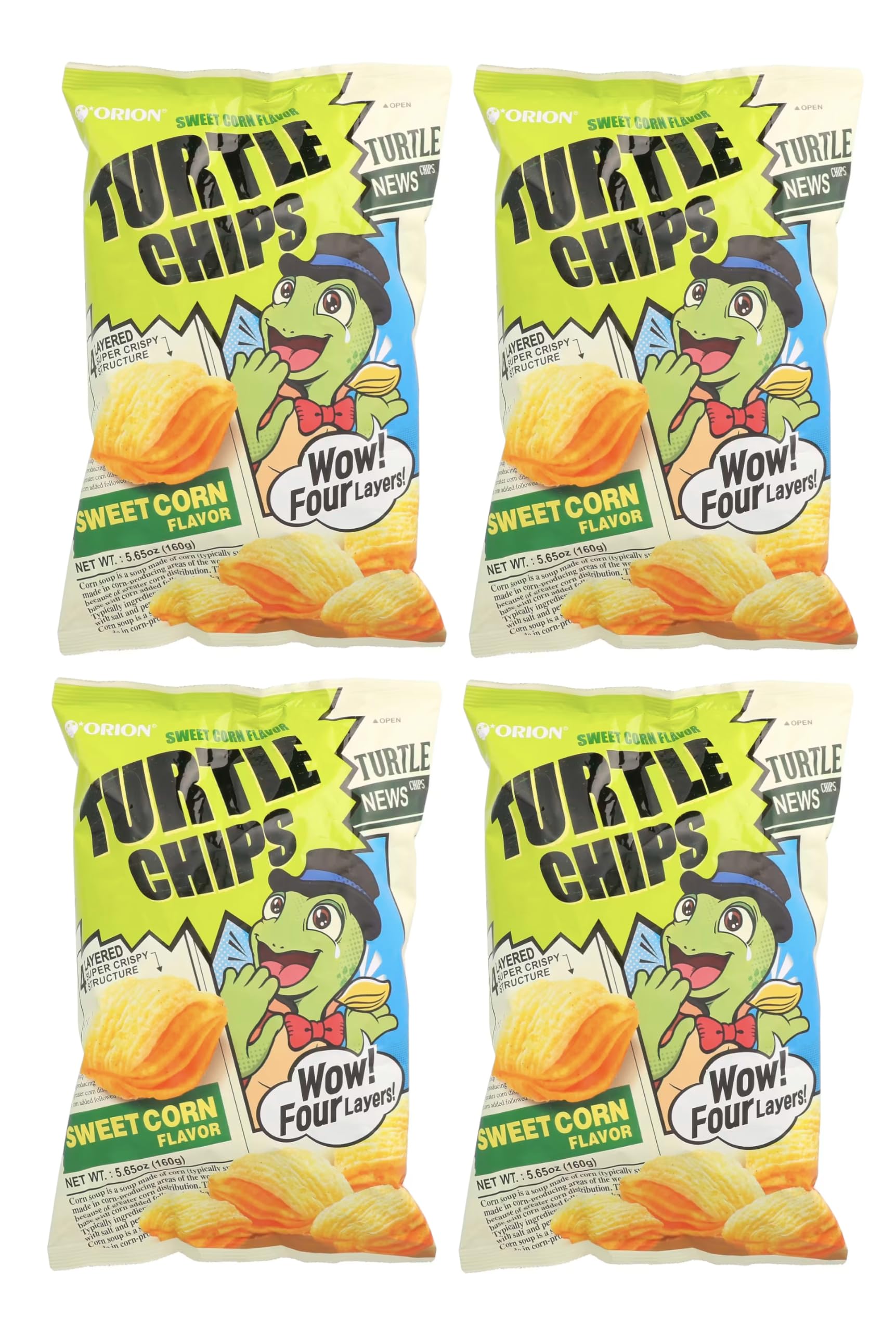 [4 Big Packs] Orion Turtle Chips Sweet Corn Flavor, 160g-Four Layer Crispy Snack, 5.65oz