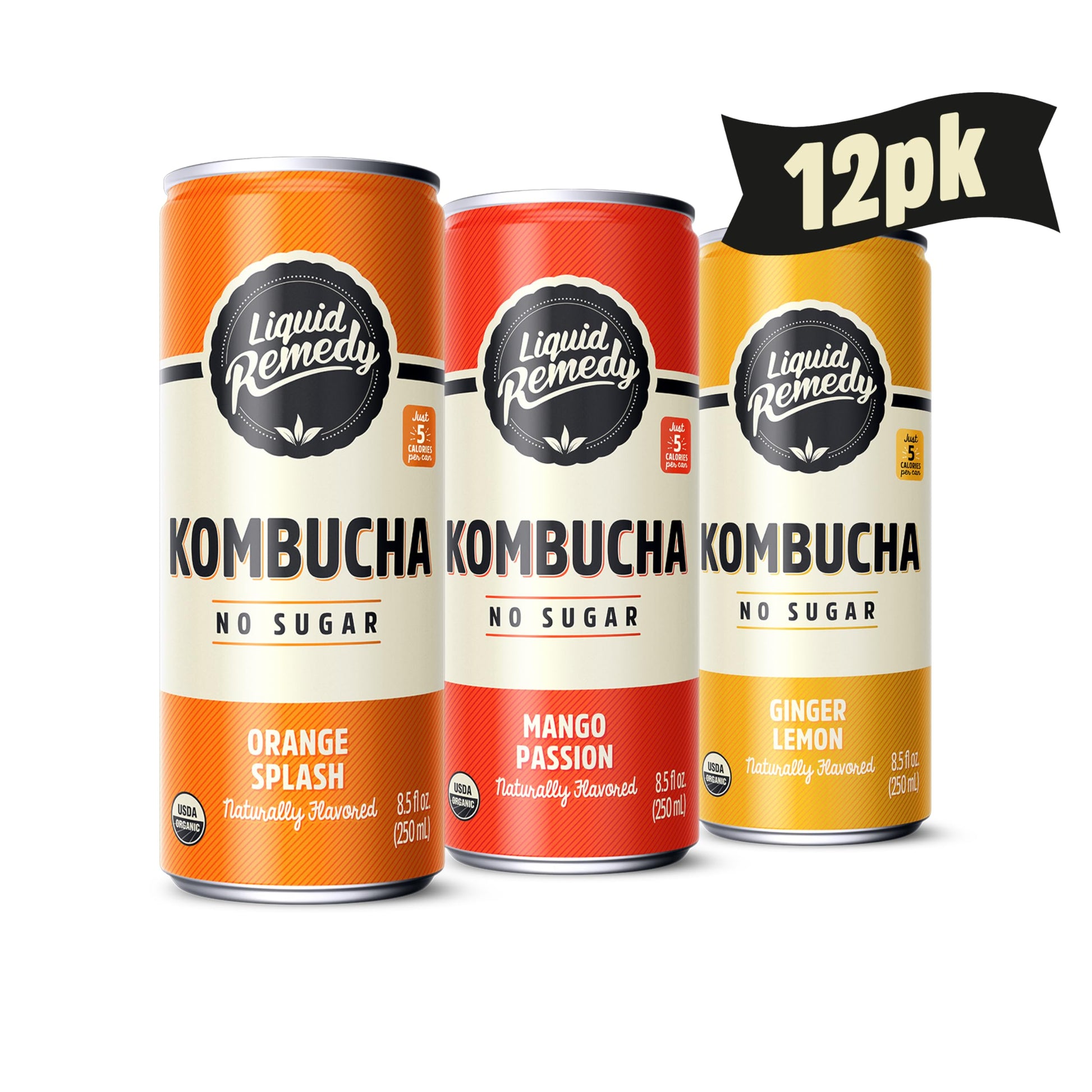 Liquid Remedy Kombucha Sugar Free Organic Drink, Low Calorie, Probiotic Like Tea For Gut Health - Tropical Trio Variety Pack- 8.