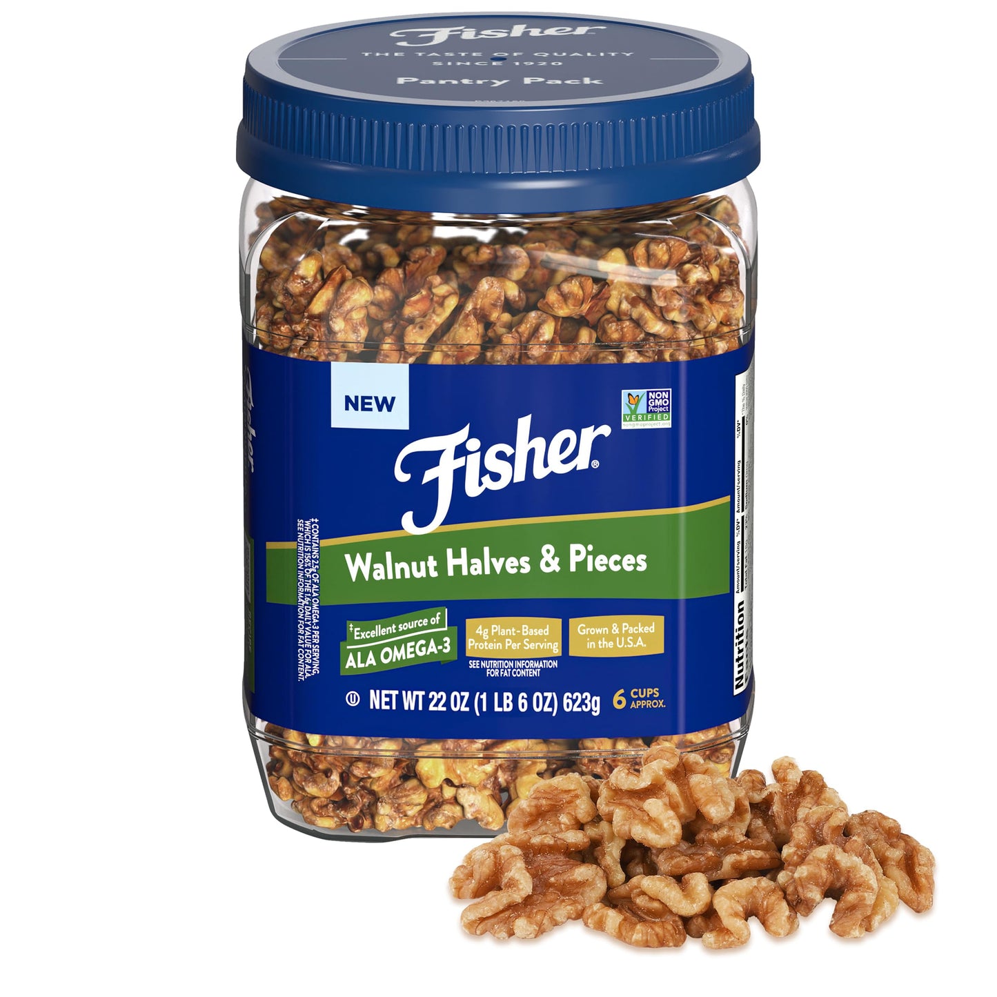 Fisher Walnut Halves & Pieces, 22 oz Pantry Pack, 100% California Unsalted, Vegan, Keto, Gluten Free, Brown