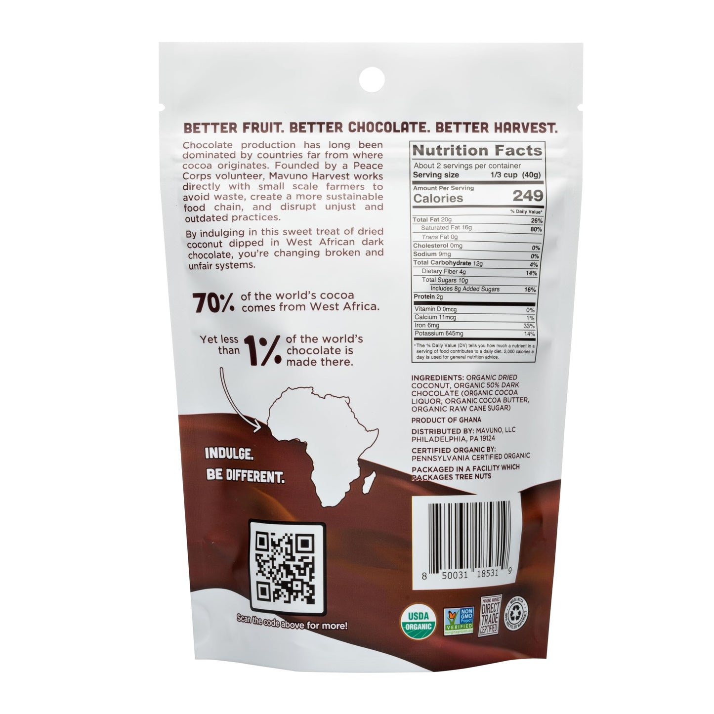 Mavuno Harvest Organic Chocolate Covered Coconut - Organic Dried Coconut Dipped in Dark Chocolate - Non GMO, Preservative Free,