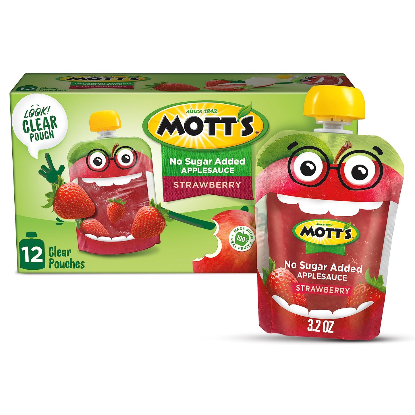 Motts No Sugar Added Strawberry Applesauce, 3.2 oz clear pouches, 12 count