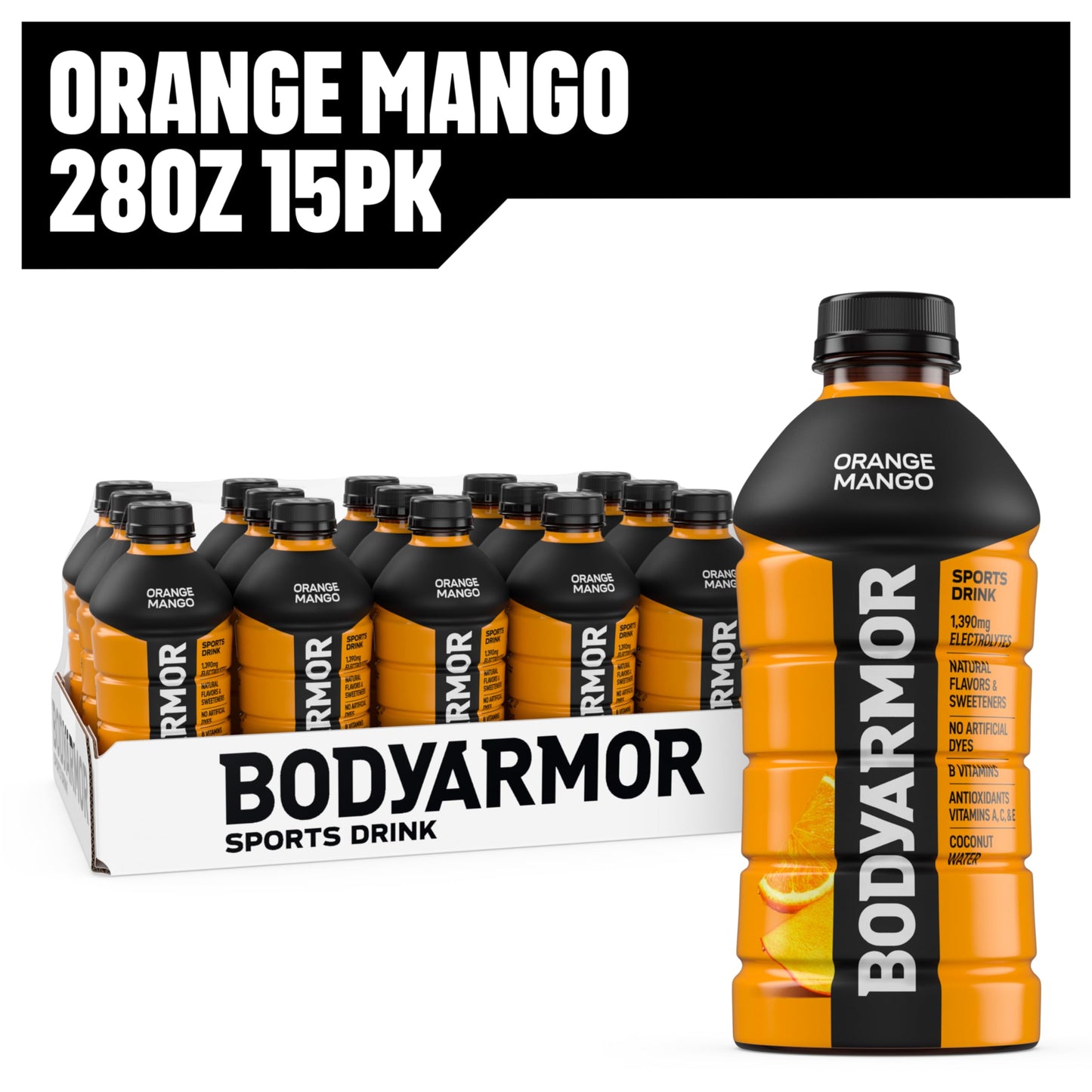 BODYprotective covering Sports Drink  Orange Mango  Electrolyte Drink Hydration  28 Fl Oz Bottles (15 Pack)  Flavored Coconut Water with B Vitamins & Antioxidants