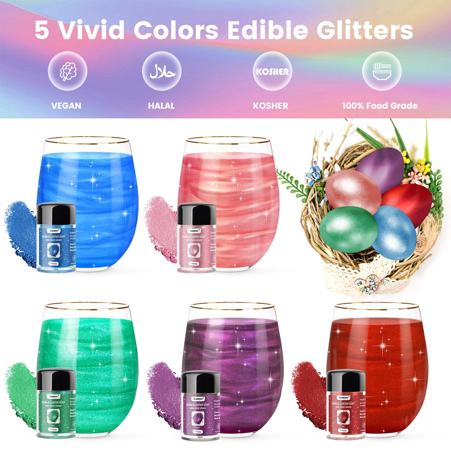 5 Colors Edible Glitter Set, Edible Glitter for Drinks, Luster Dust Shimmer Powder for Christmas Baking, Cakes, Cocktails, Bever