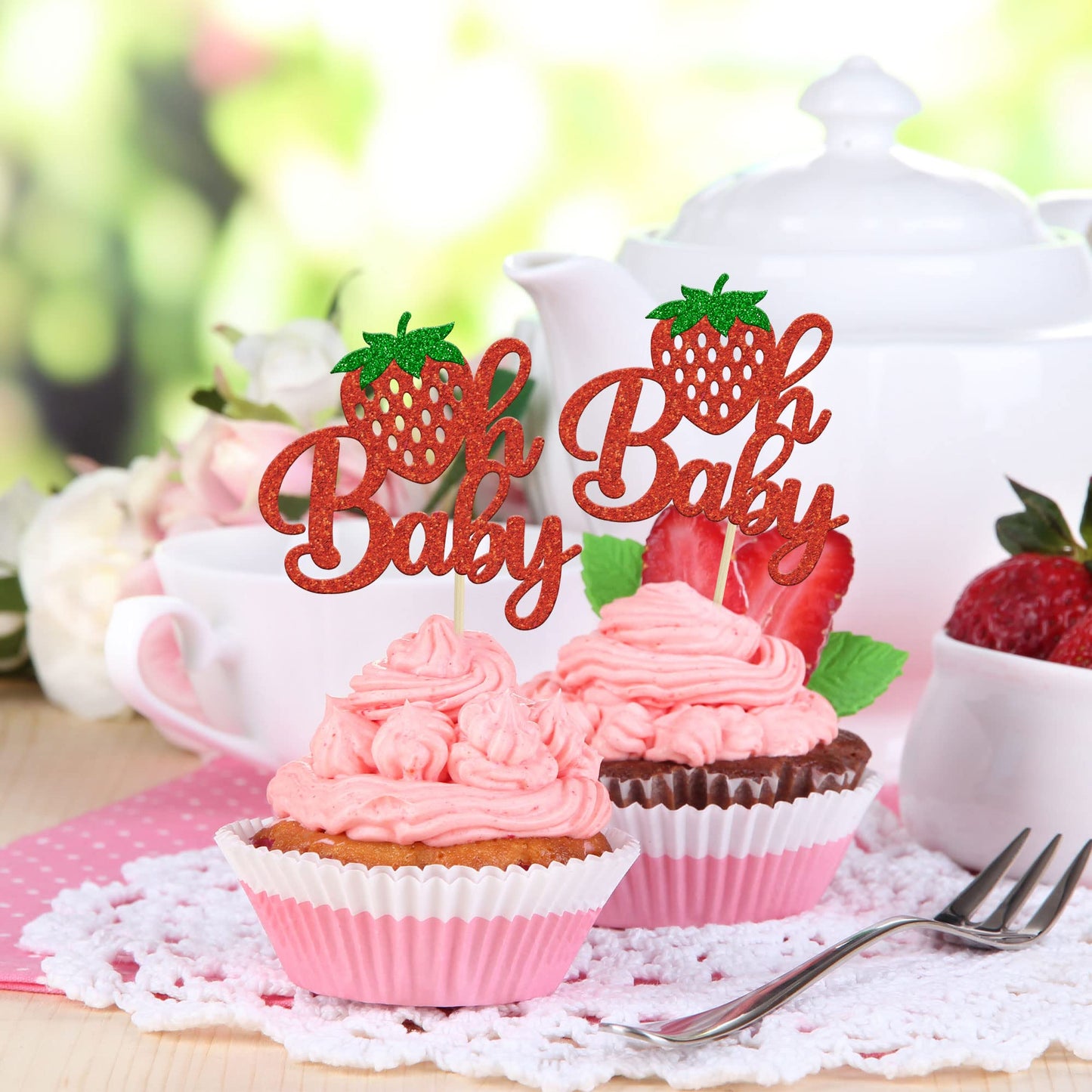 Gyufise 24Pcs Strawberry Oh Baby Cupcake Toppers Glitter Fruit Theme Oh Baby Strawberry Cupcake Picks For Gender Reveal Baby Sho