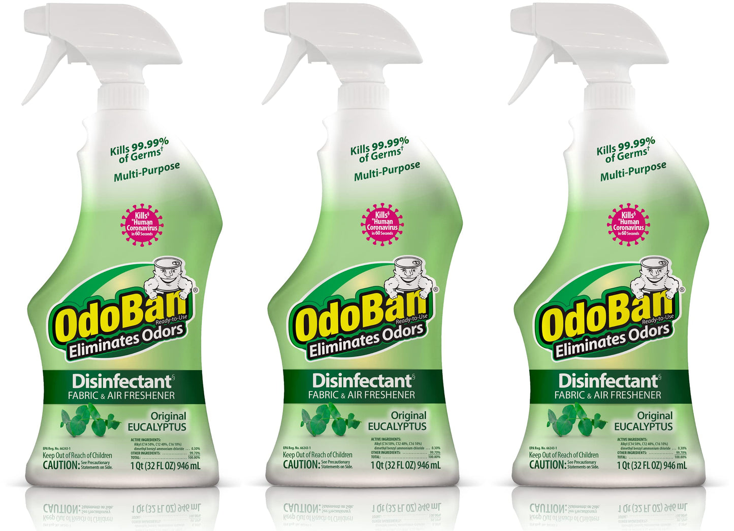 Odoban Ready-To-Use Disinfectant And Odor Eliminator, Set Of 3 Spray Bottles, 32 Ounces Each, Original Eucalyptus Scent