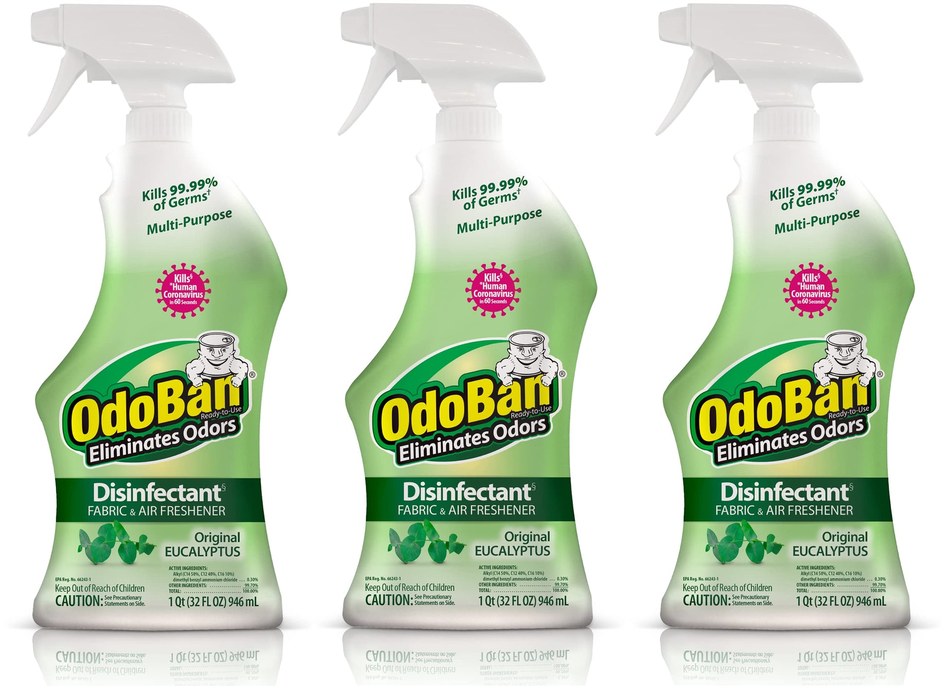 Odoban Ready-To-Use Disinfectant And Odor Eliminator, Set Of 3 Spray Bottles, 32 Ounces Each, Original Eucalyptus Scent