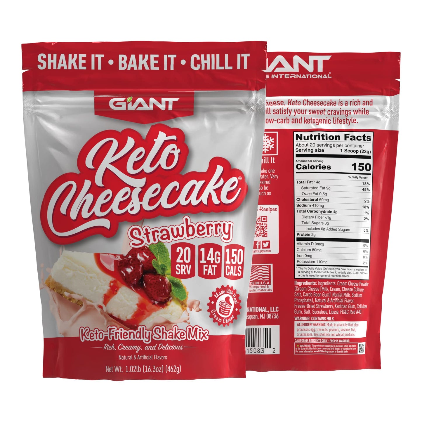 Giant Sports Keto Cheesecake Shake Mix - Low Carb Powder - 16.6 oz - Gluten Free - Strawberry Flavor