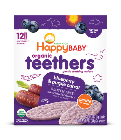 Happy Baby Gentle Teethers Organic Teething Wafers Blueberry Purple Carrot, 0.14 Ounce Packets (Box of 12) Soothing Rice Cookies