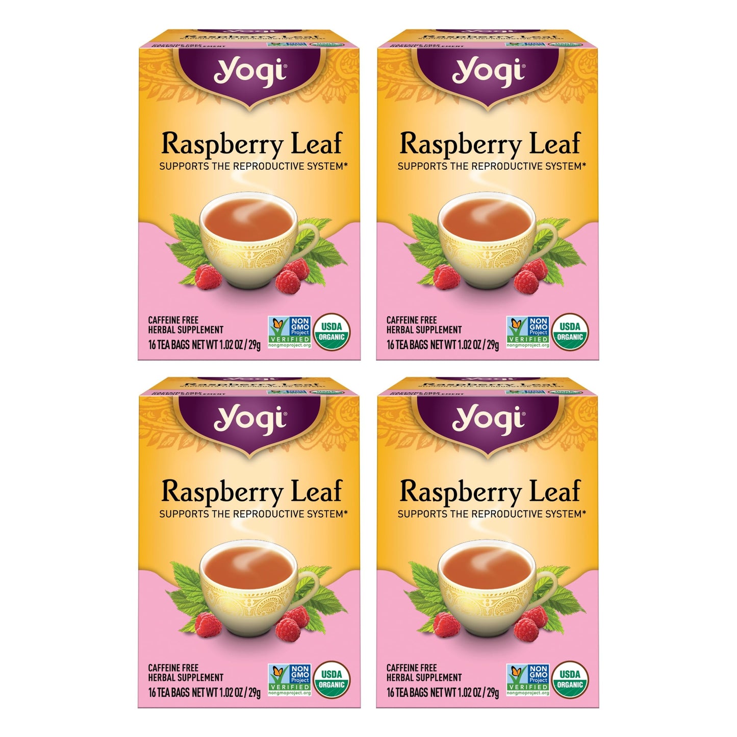 Yogi Organic Raspberry Leaf Tea - Caffeine-Free, 64 Count (Pack of 4)