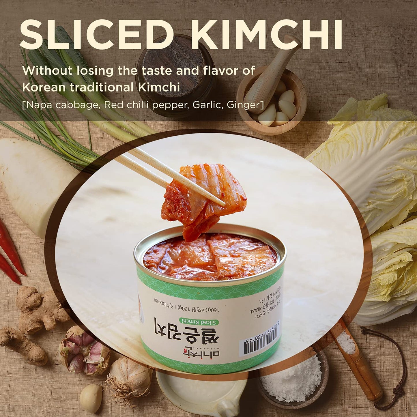 Korean Canned Napa Cabbage Kimchi, Sliced Kimchi, 5.64Oz(160G), Pack Of 3, Korean Traditional Kimchi Flavor Can, Vegan, Rich In