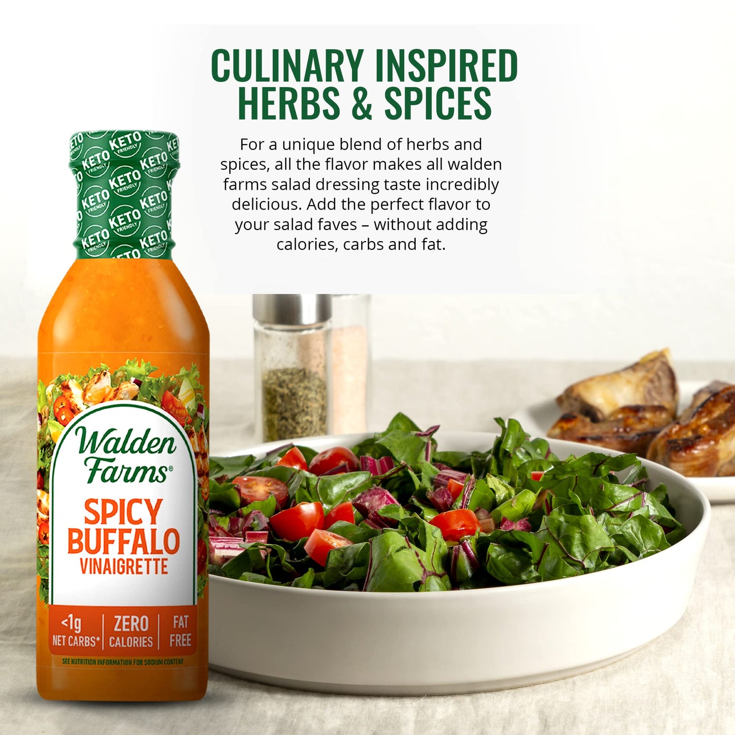 Walden Farms Spicy Buffalo Vinaigrette - Calorie-Free, Gluten-Free, Low Carb, Keto-Friendly, Vegan, Sugar-Free, Dressing With Bo