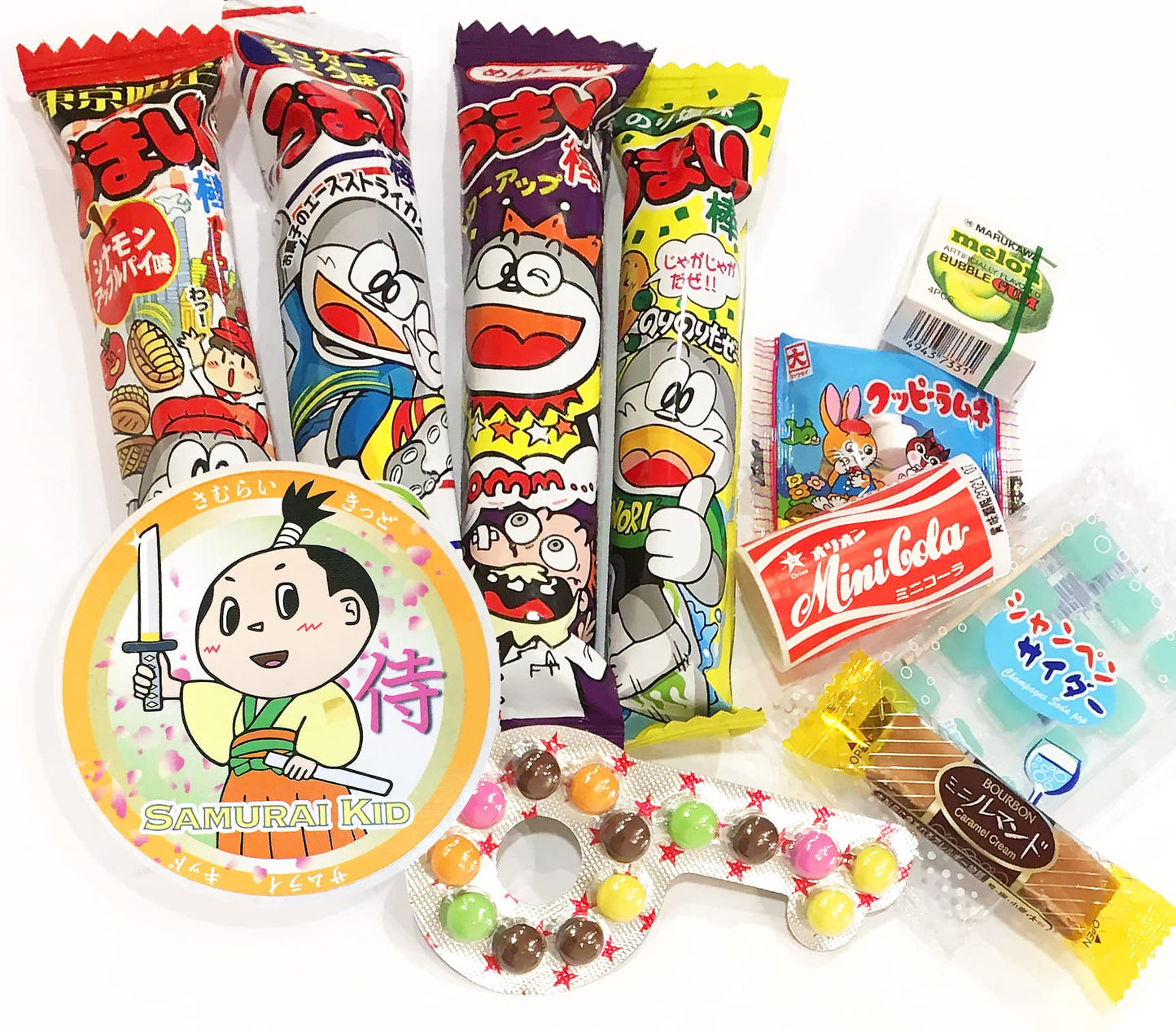 Samurai Kid Dagashi Set, Japanese Snack Assortment 36Pc With Samurai Kid Sticker