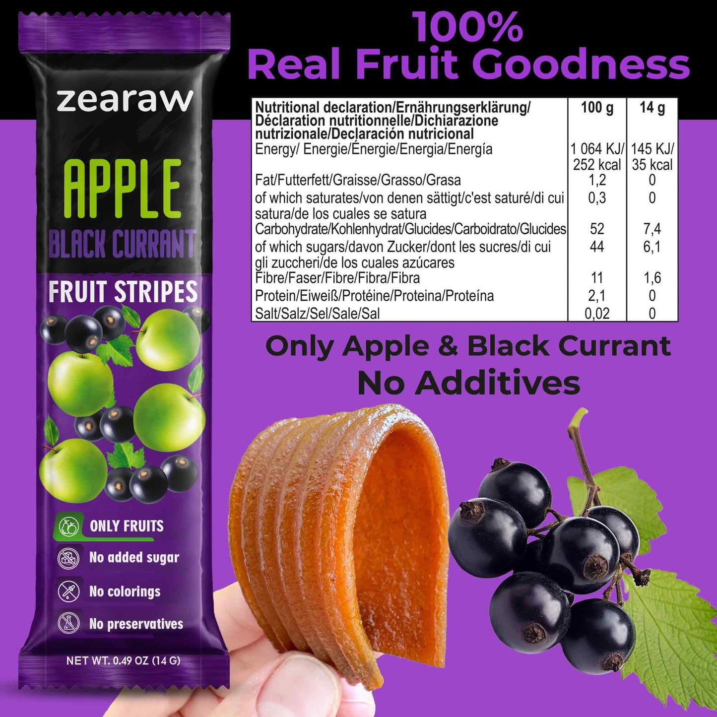 Zearaw Healthy Fruit Snacks For Adults And Kids - 30 Organic Fruit Leather With Dried Black Currant, Pear-Mango, Apple-Raspberry