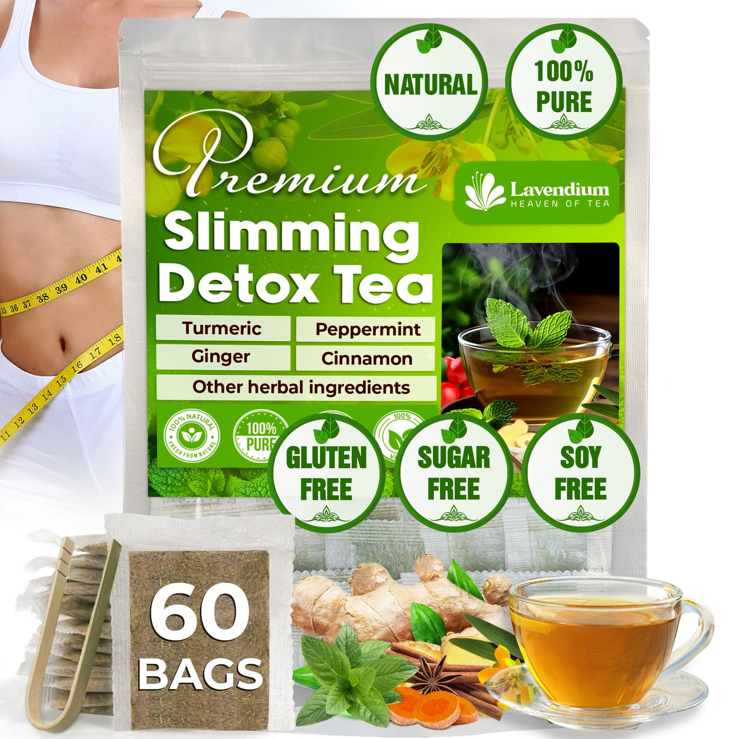 Lavendium Herbal Detox Tea with Chamomile & Ginger - 60 Bags - Caffeine Free, Citrus & Cinnamon Flavor