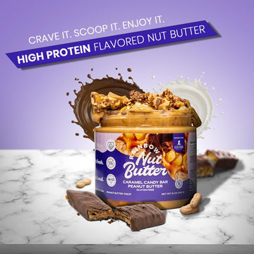Rainbow Nut Butter, Caramel Candy Bar Peanut Butter Spread, Treat, Snack, Chocolate Bar Consisting Of Nougat Topped With Caramel