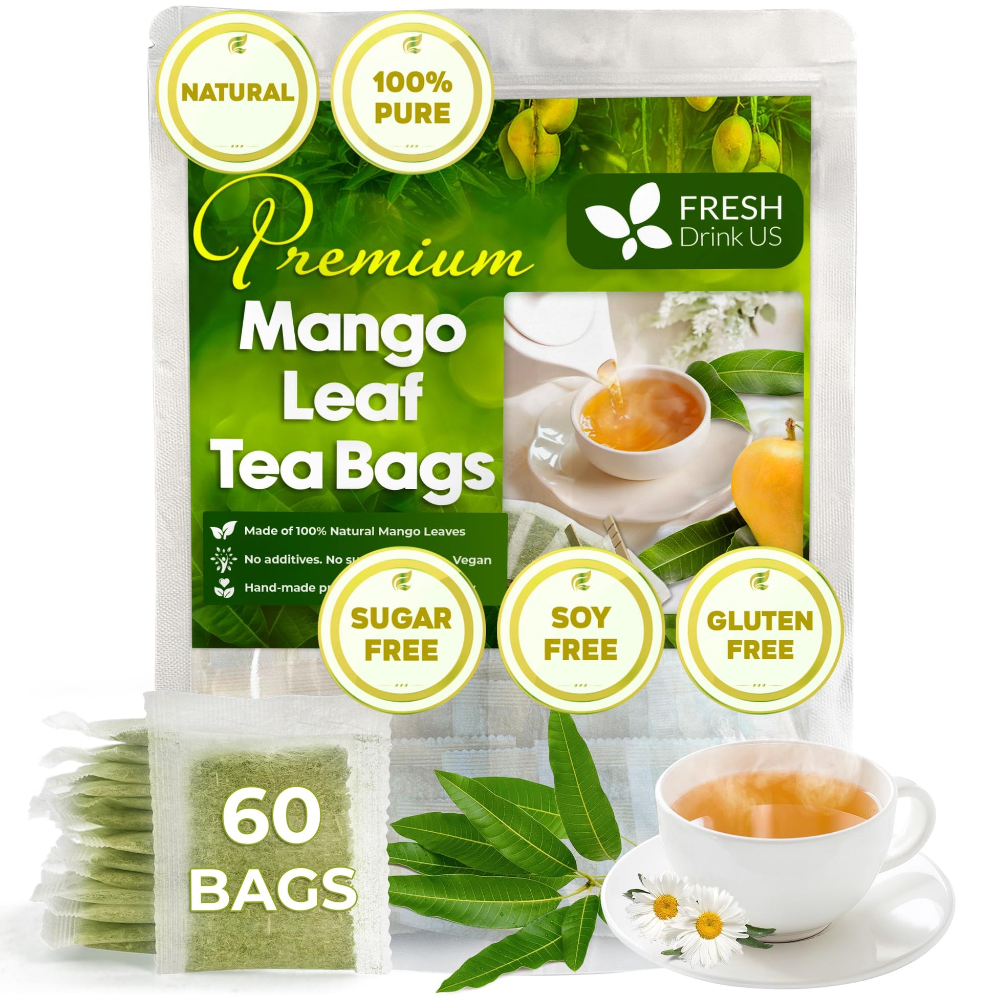 FRESHDRINKUS Mango Leaf Tea Bags - 100% Natural Herbal Tea, Vegan, No Caffeine, 15 Bags
