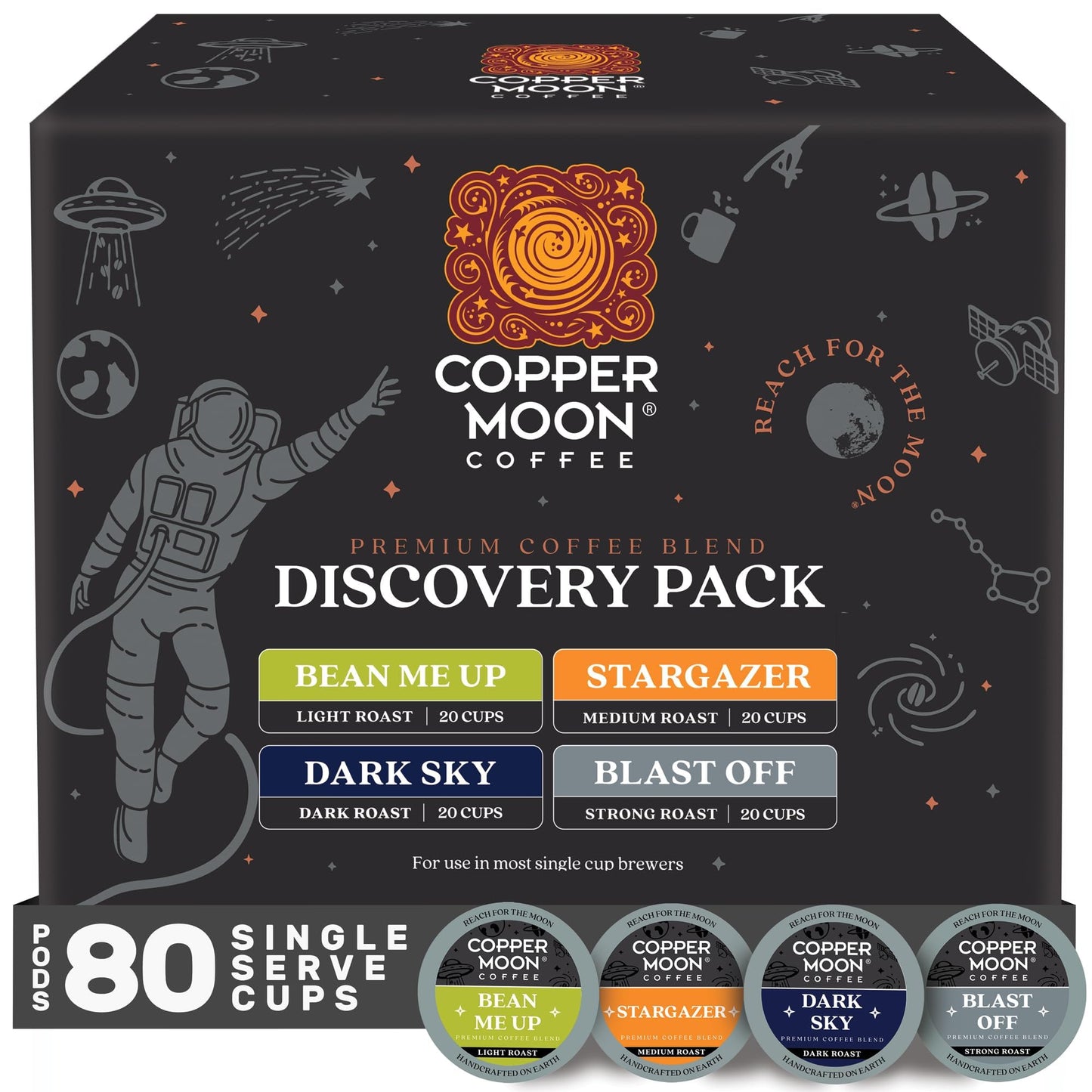 Copper Moon Coffee Pods for Keurig - Discovery Variety Pack, Light, Medium & Dark Roast, 80 Count