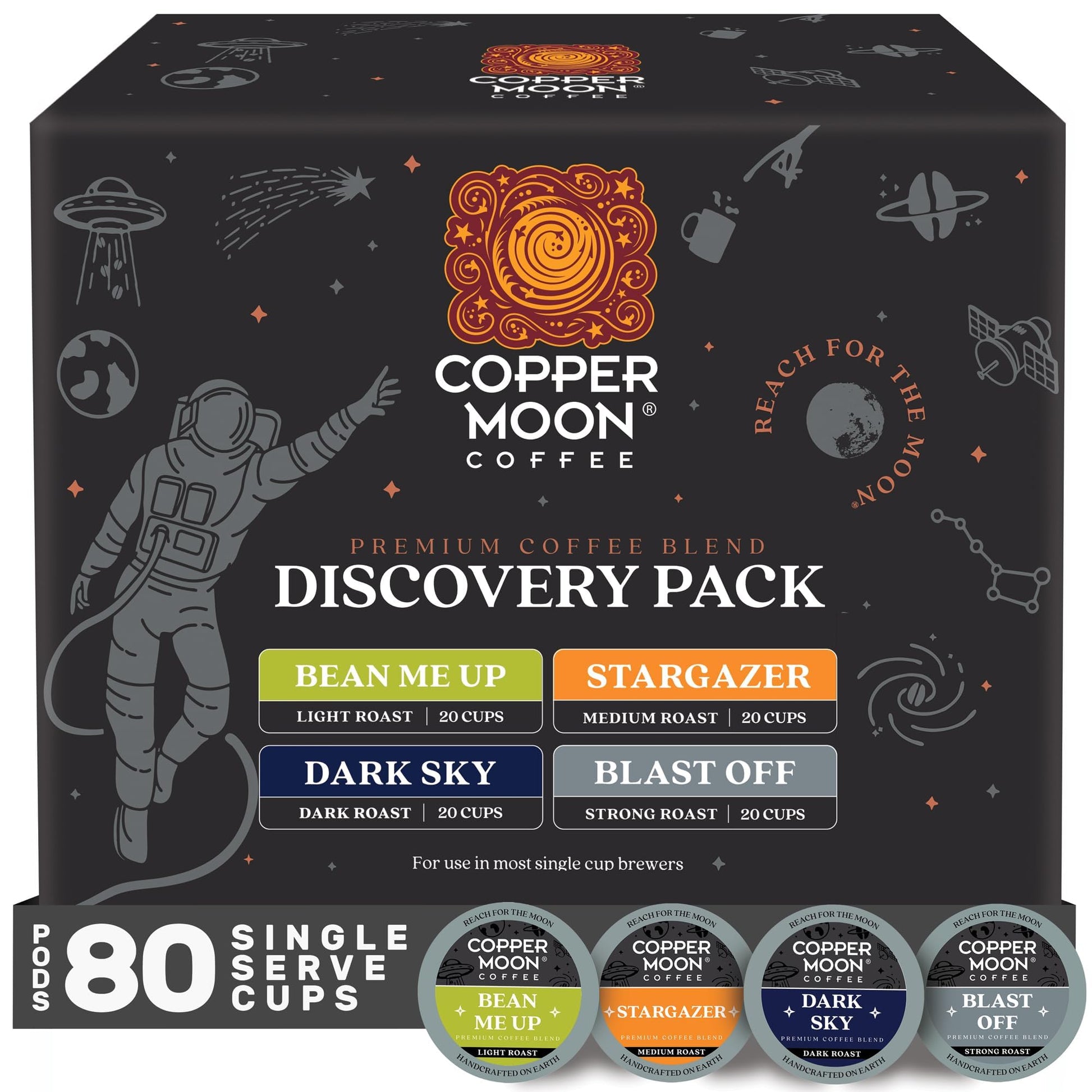 Copper Moon Coffee Pods for Keurig - Discovery Variety Pack, Light, Medium & Dark Roast, 80 Count