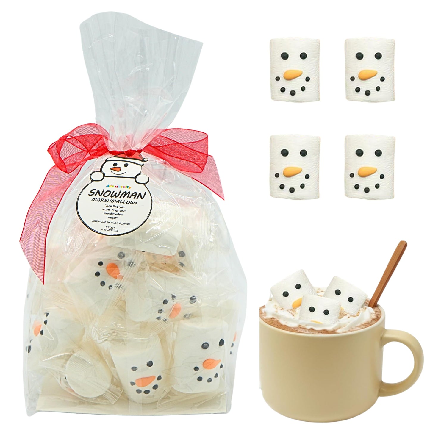 4Es Novelty 16 Pcs Snowman Marshmallow In Gift Bag Individually Wrapped - Large Christmas Marshmallows For Hot Chocolate Toppers, Snowman Marshmallow   Topping   For Hot Cocoa, 4.2Oz