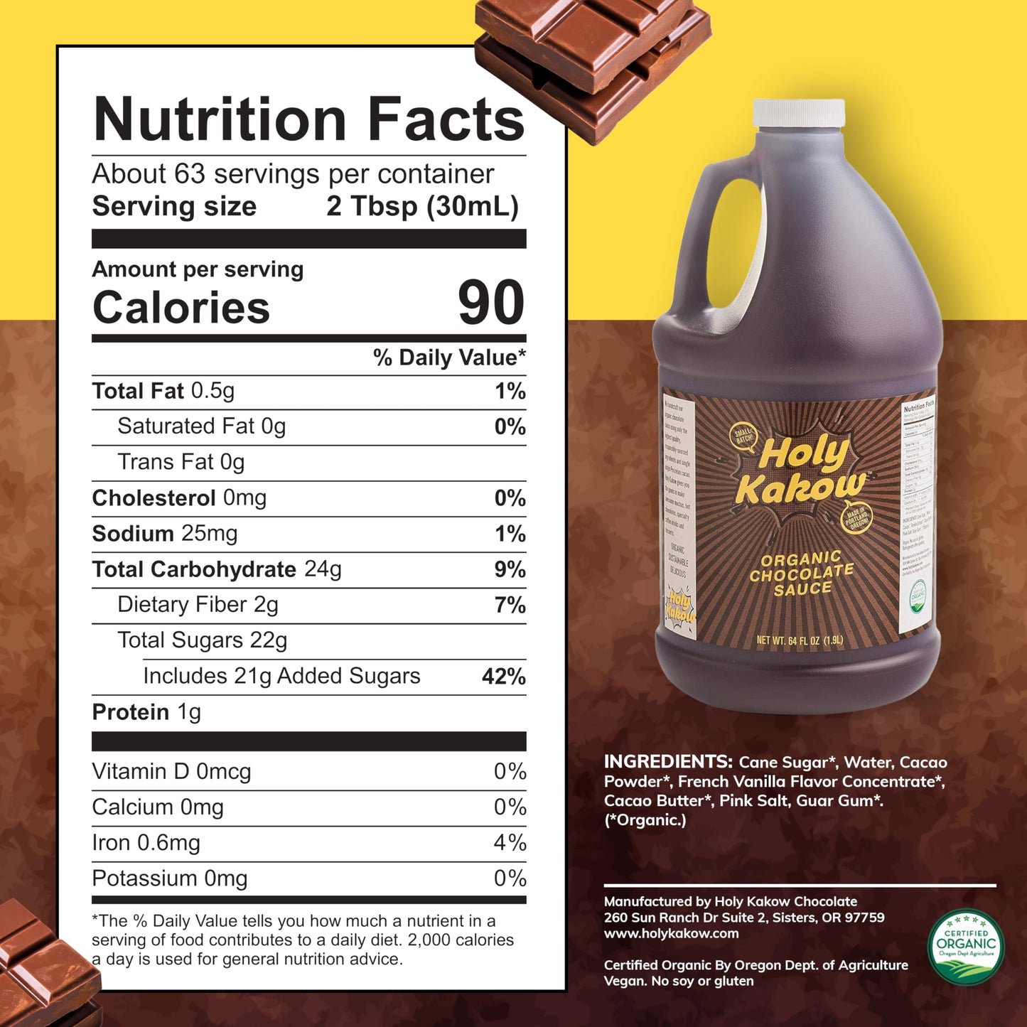 Holy Kakow Organic Chocolate Syrup - Organic Chocolate Sauce, Organic, Add to Mochas, Waffles, & Ice Cream, Made with Colombian