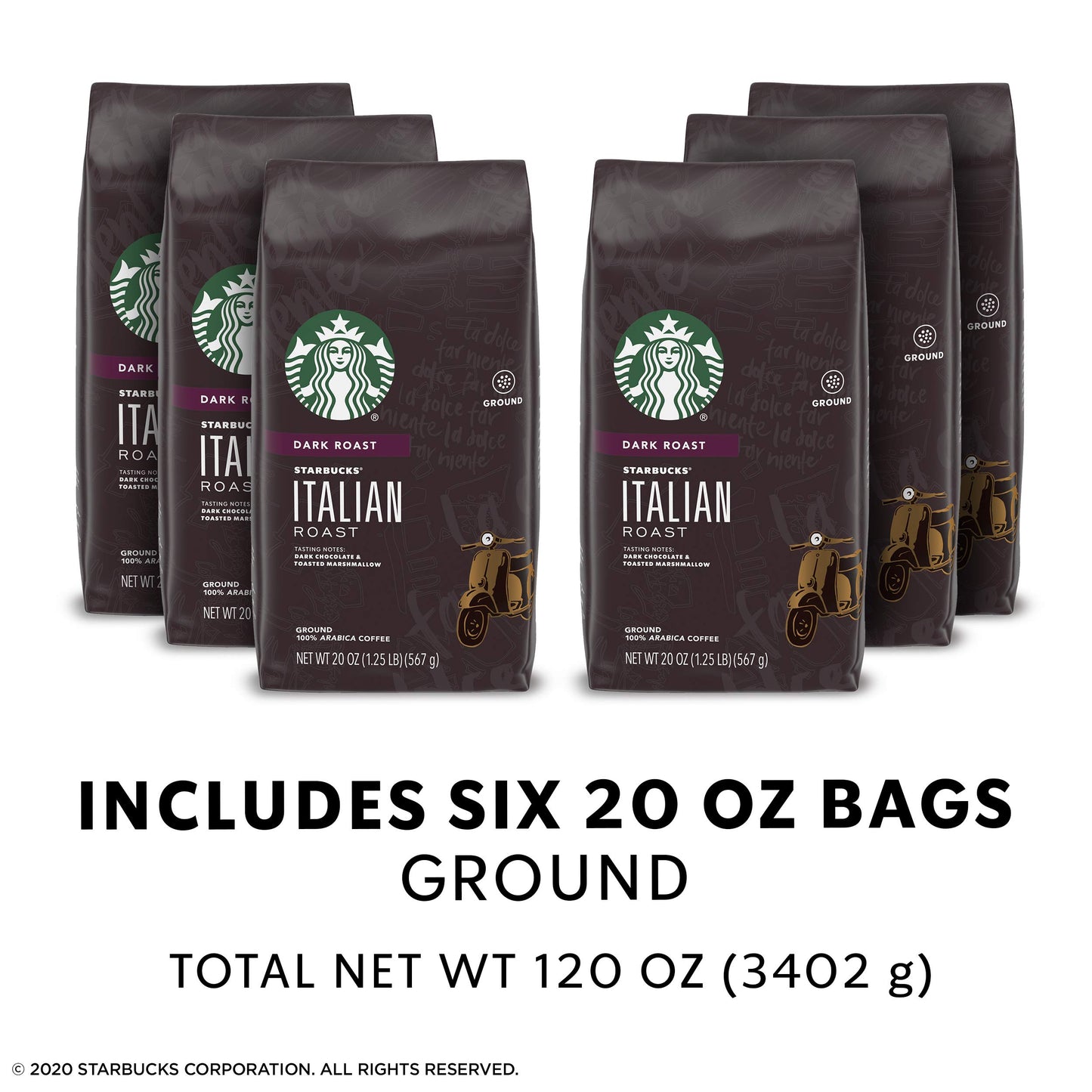 Starbucks Dark Roast Ground Coffee - Italian Roast - 100% Arabica - 6 bags (20 oz. each)