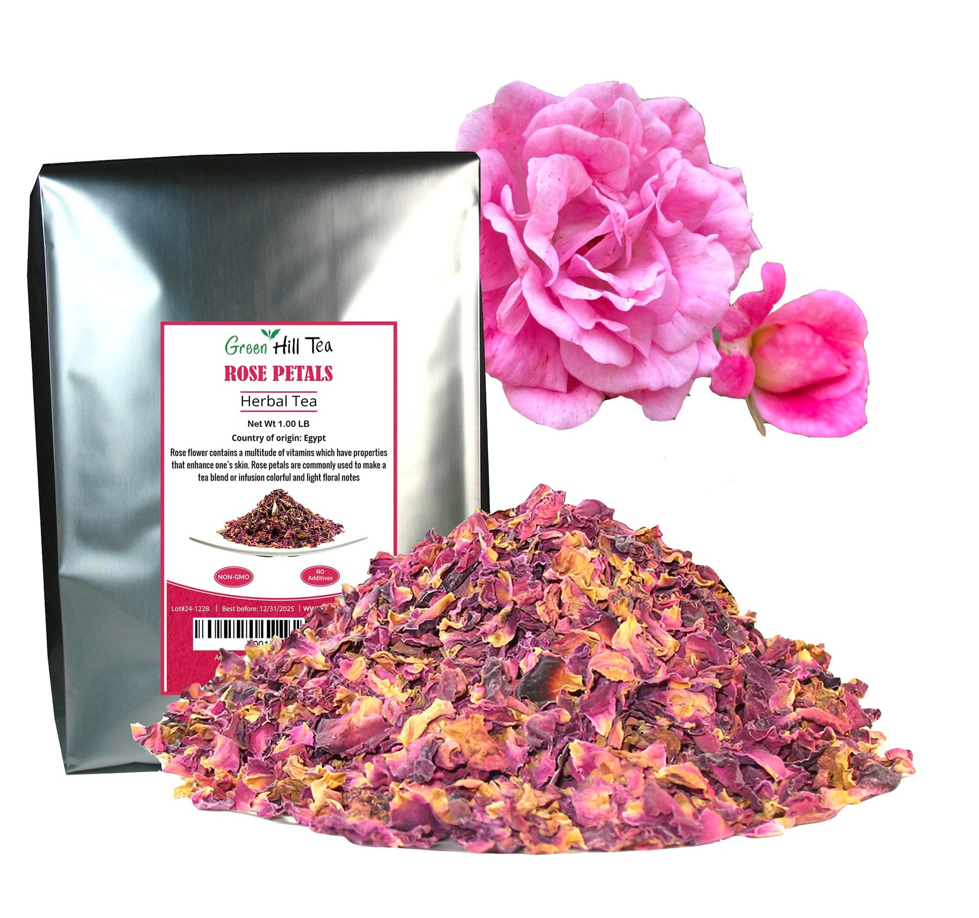 Greenhilltea Organic Rose Petals Tea - Caffeine Free Herbal Tea, 1 LB