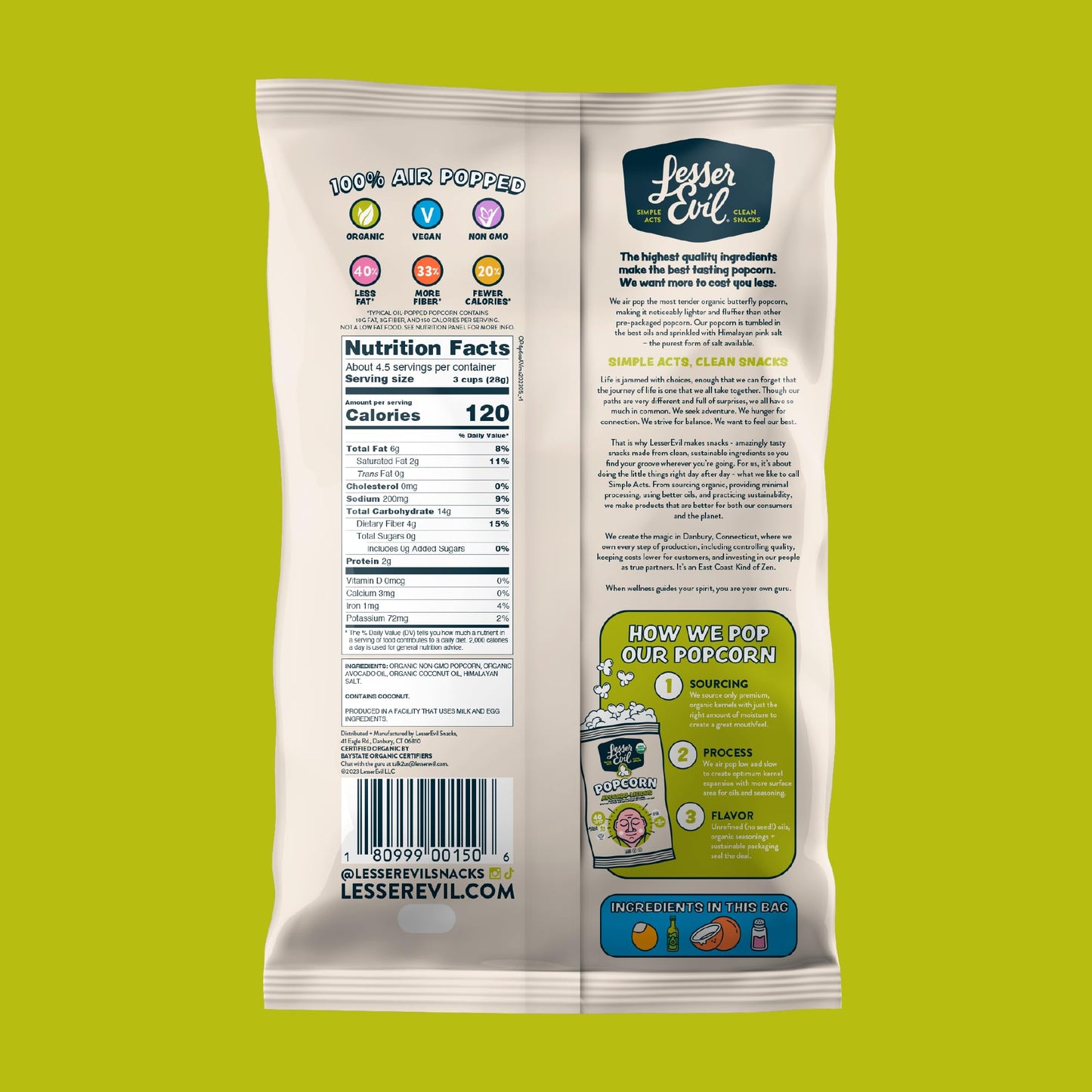 Lesserevil Organic Popcorn, Avocado-licious, 4.6 oz, Pack of 3, No Vegetable Oil