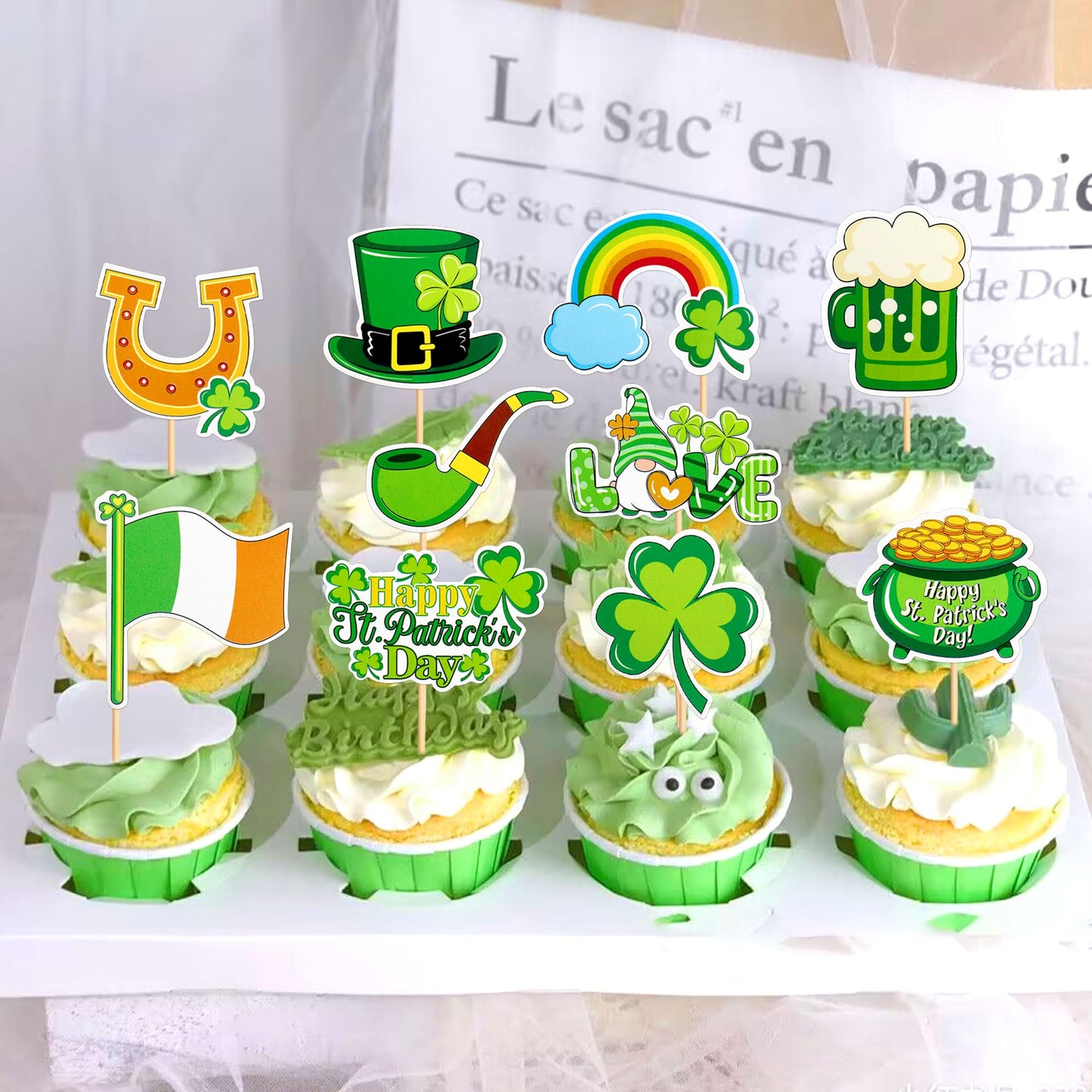 Ercadio 30 Pack Happy St Patrick'S Day Cupcake Toppers Glitter Four Leaf Clover Shamrock Cupcake Picks Green Hat Cupcake Toppers