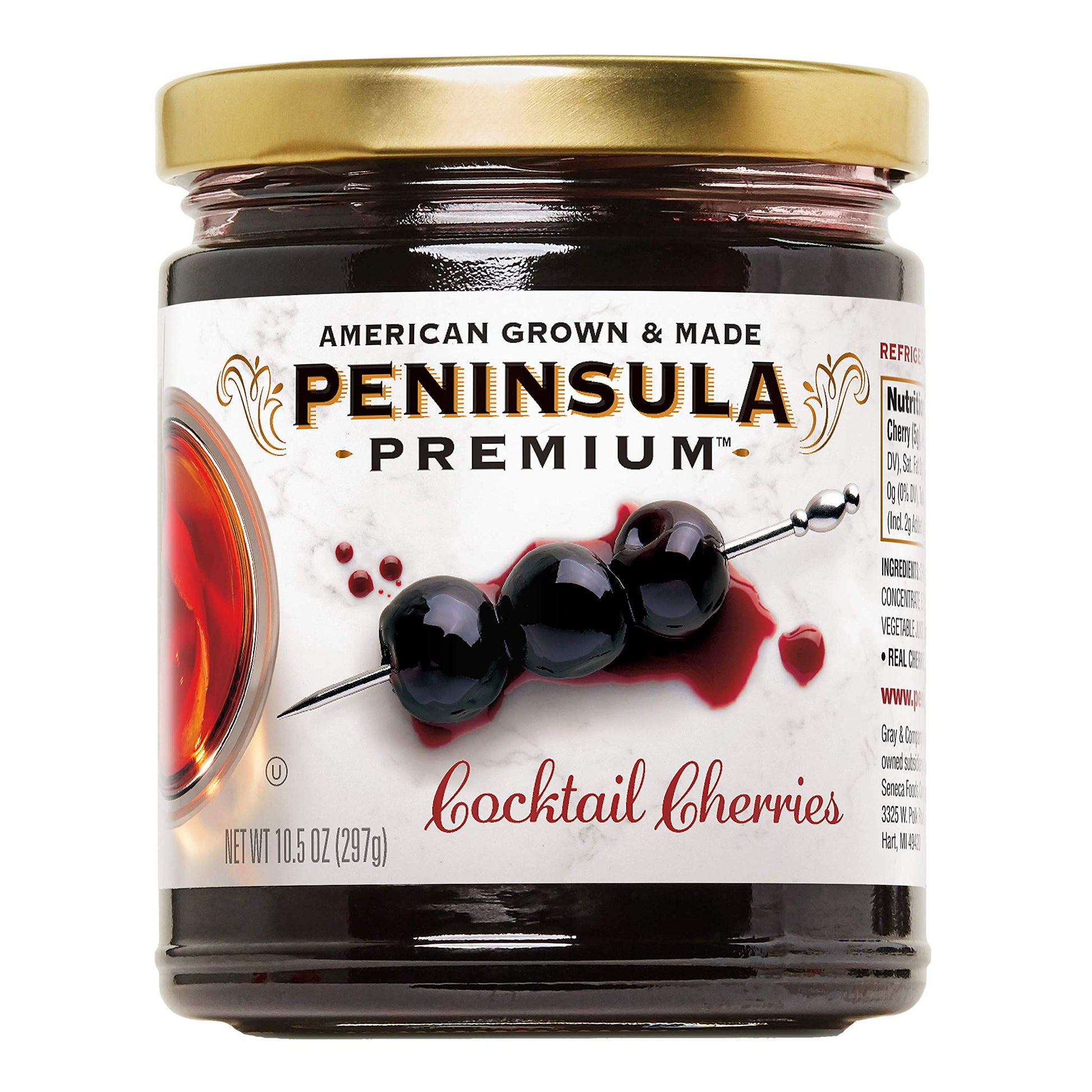 PENINSULA PREMIUM Cocktail Cherries - Gourmet, Sweet-Tart Flavor, 10.5 Ounce, Deep Burgundy-Red, Silky Smooth Syrup