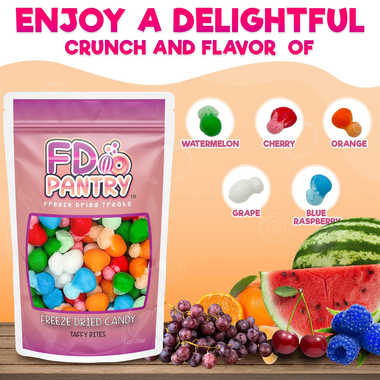 Freeze Dried Air Taffy Bites Crunchy Candy - Variety Sour Fruit Flavors, 4Oz | Cherry, Orange, Watermelon, Blue Raspberry, Strawberry | Snack Treat, Gift