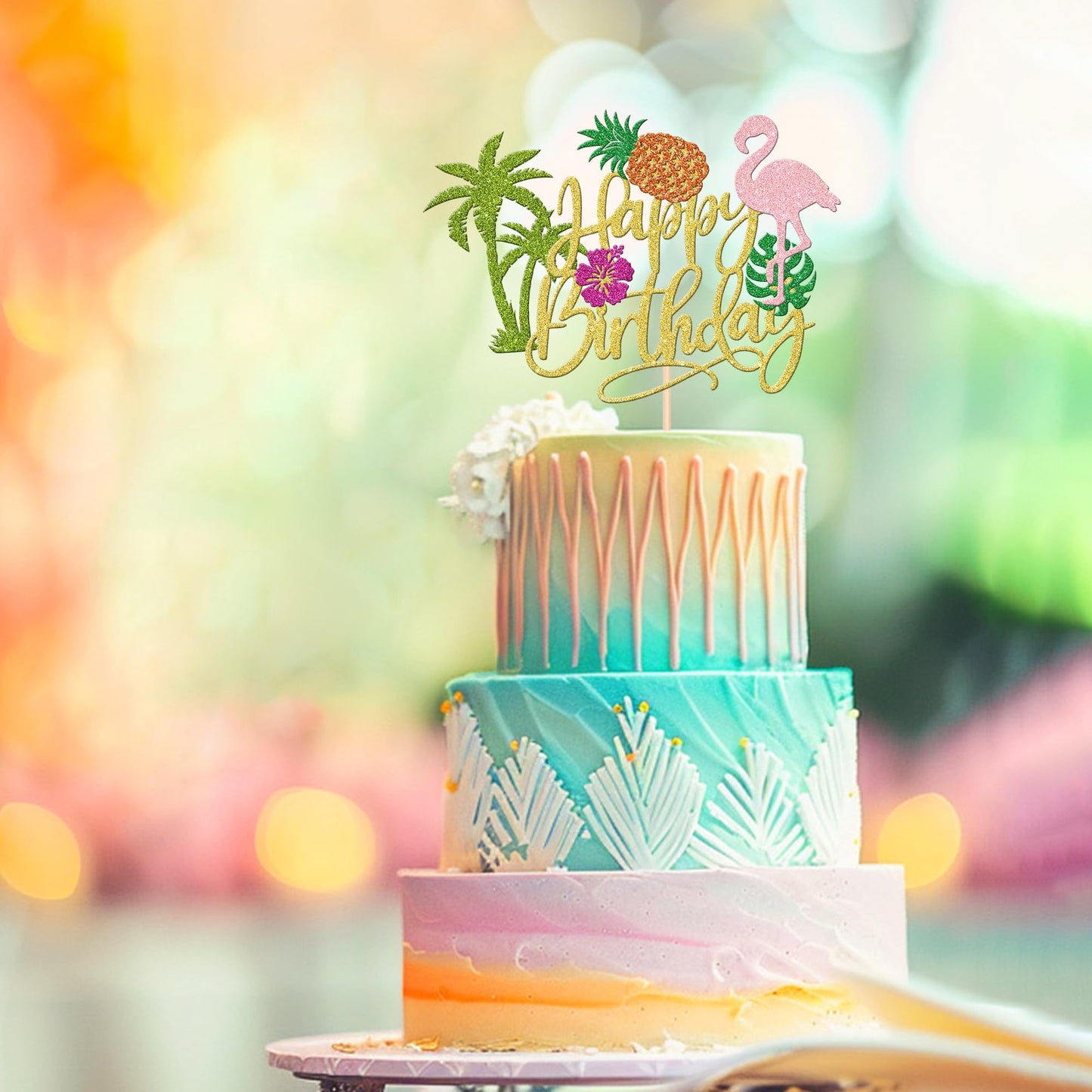 1 Pcs Tropical Luau Happy Birthday Cake Topper Glitter Flower Flamingo Turtle Leaf Pineapple Palm Tree Cake Pick For Summer Beac