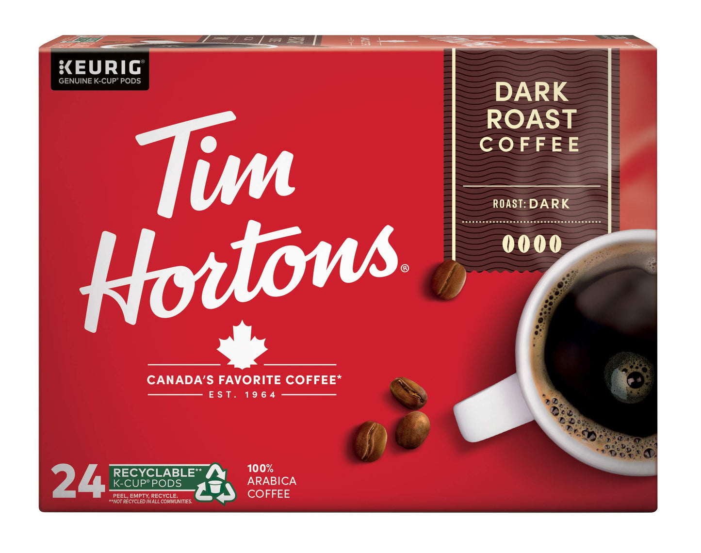 Tim Hortons Dark Roast Coffee, Single-Serve K-Cup Pods Compatible With Keurig Malt-Inspired, 24Ct K-Cups