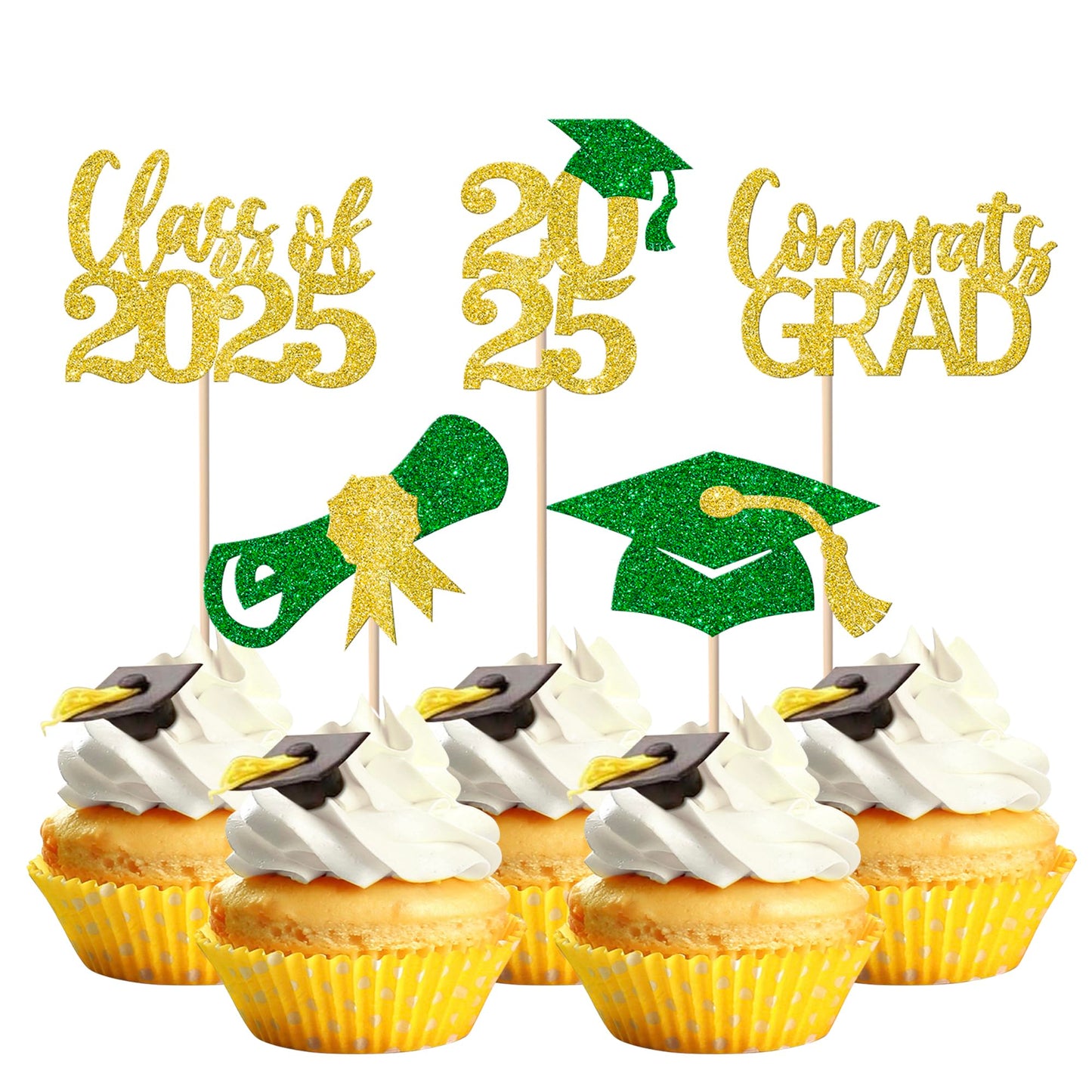 YCTHUNFISH 30 Pack Cupcake Toppers Glitter Grad Decorations for Class of 2025 - Gold Green