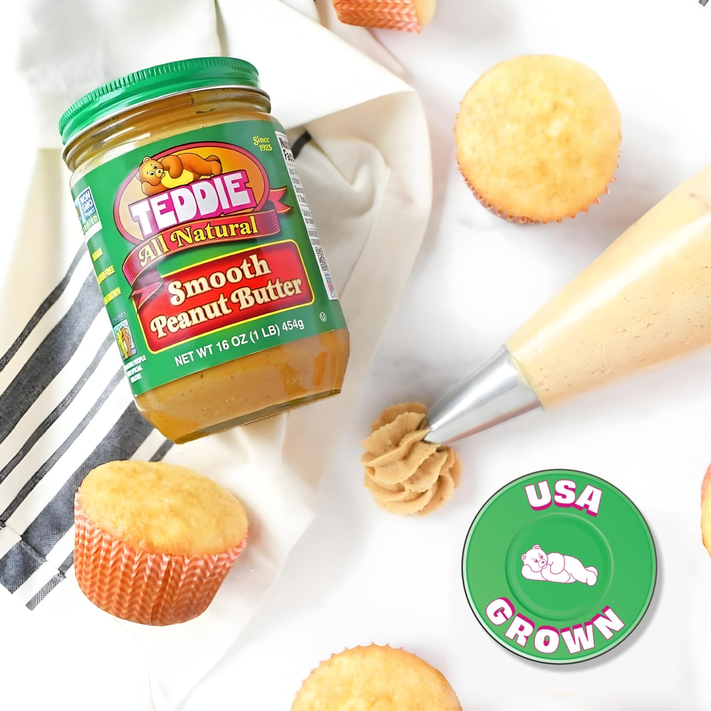 Teddie All Natural Peanut Butter, Smooth, Gluten Free & Vegan, 16 Ounce Glass (Smooth, Pack of 1)