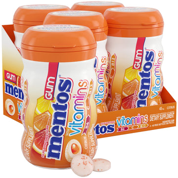 Mentos Gum With Vitamins, Sugar Free Chewing Gum With Xylitol, Citrus Flavor, Vitamins B6, B12 And C, Bottle Of 45 (Bulk Pack Of 4)