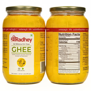 Shree Radhey Certified A2 Gir Cow Ghee - Gluten Free - (Traditionaly Hand Churned) (1 Litre X 2 Glass Bottle)
