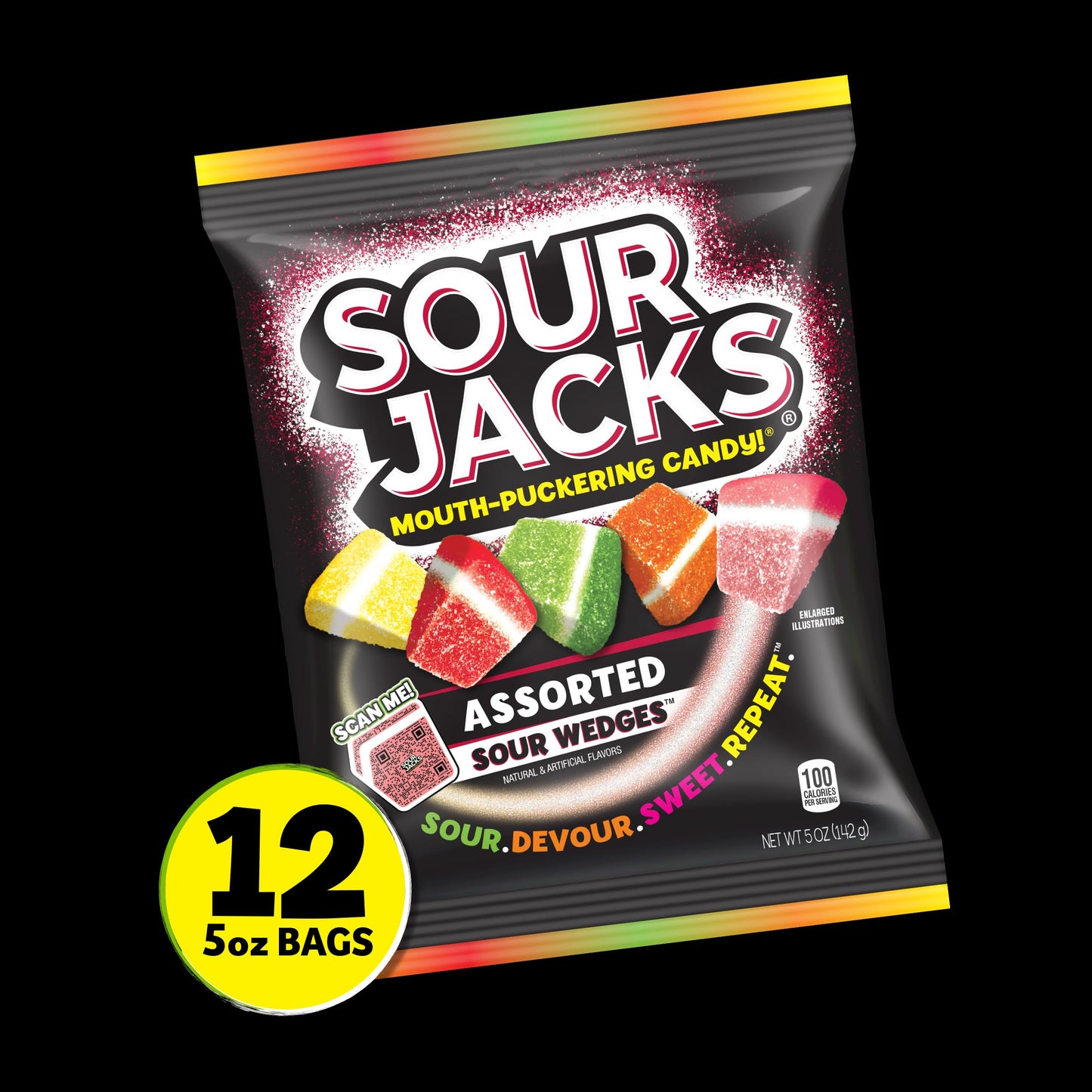 Sour Jacks, Sour Gummy Wedges, Assorted Fruit Flavored Candy, 5Oz Bag (12 Pack)